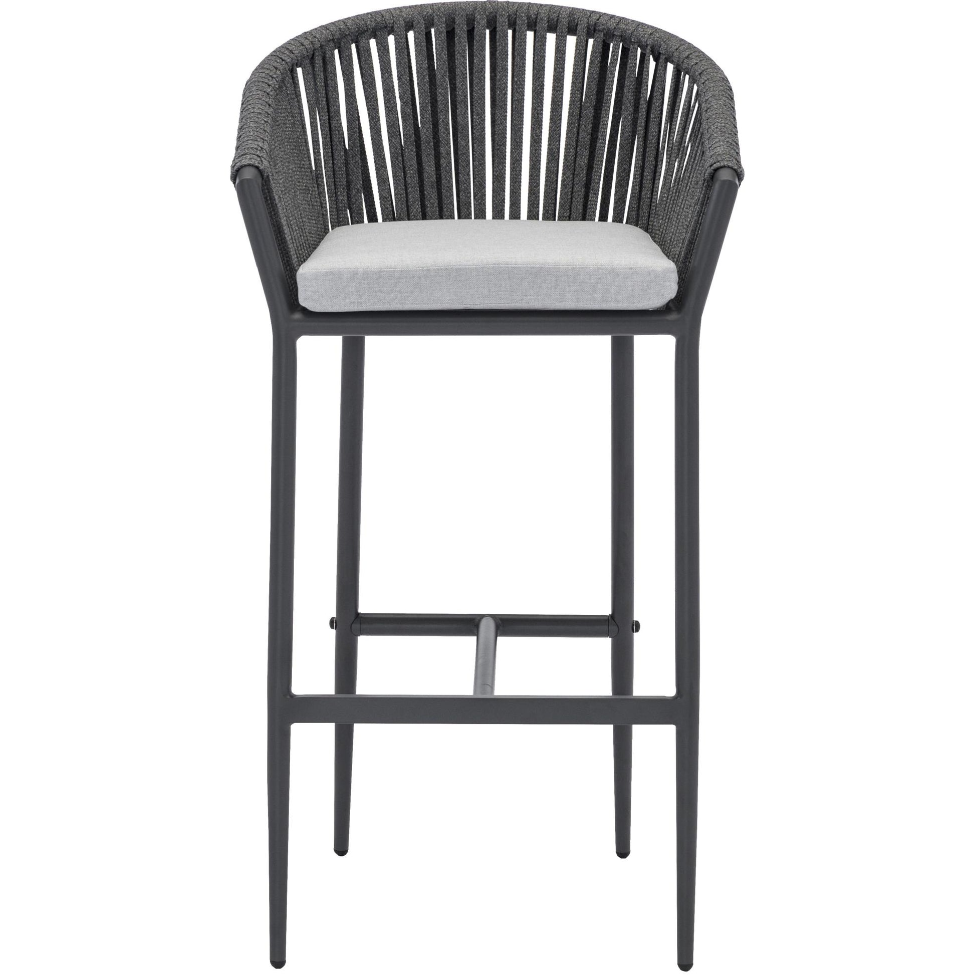Sillón para barra de bar Ukiah aluminio y cuerda antracita con cojín gris medio.
