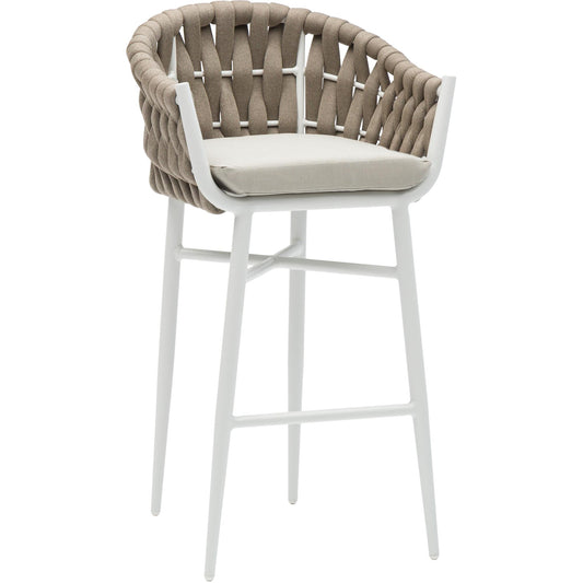 Sillón para barra de bar Meridian aluminio blanco cuerda greige y textil greige