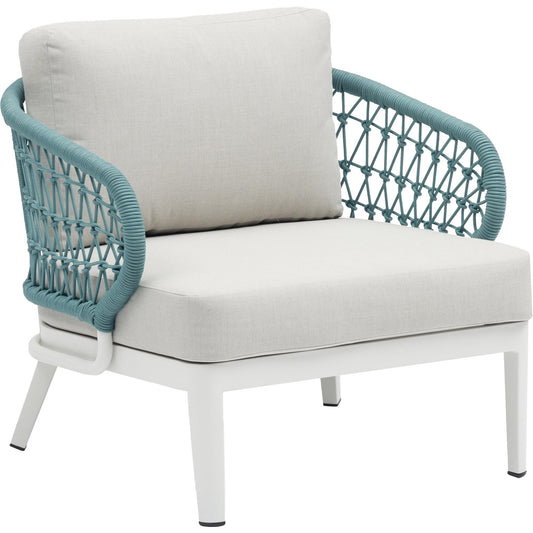 Sofá 1 plaza Isabela aluminio blanco textil beige y cuerda aqua