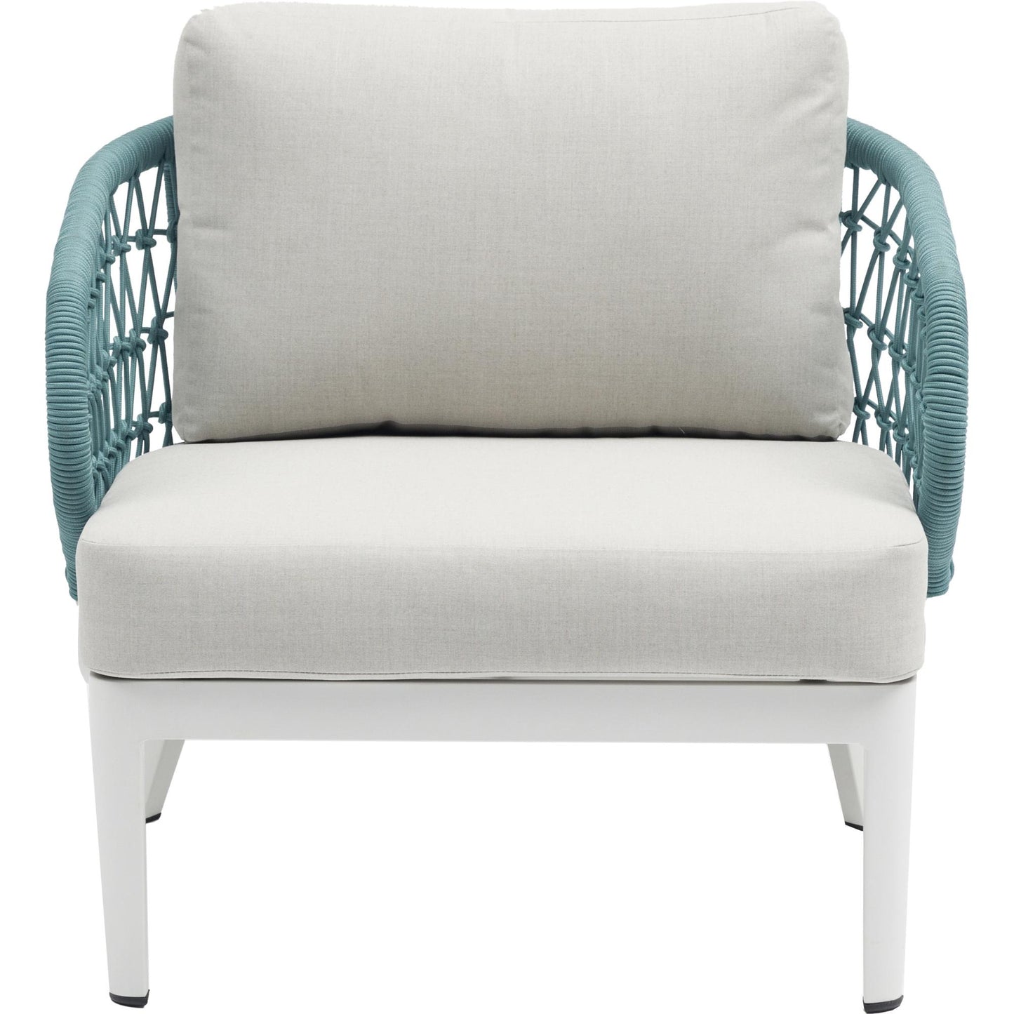 Sofá 1 plaza Isabela aluminio blanco textil beige y cuerda aqua