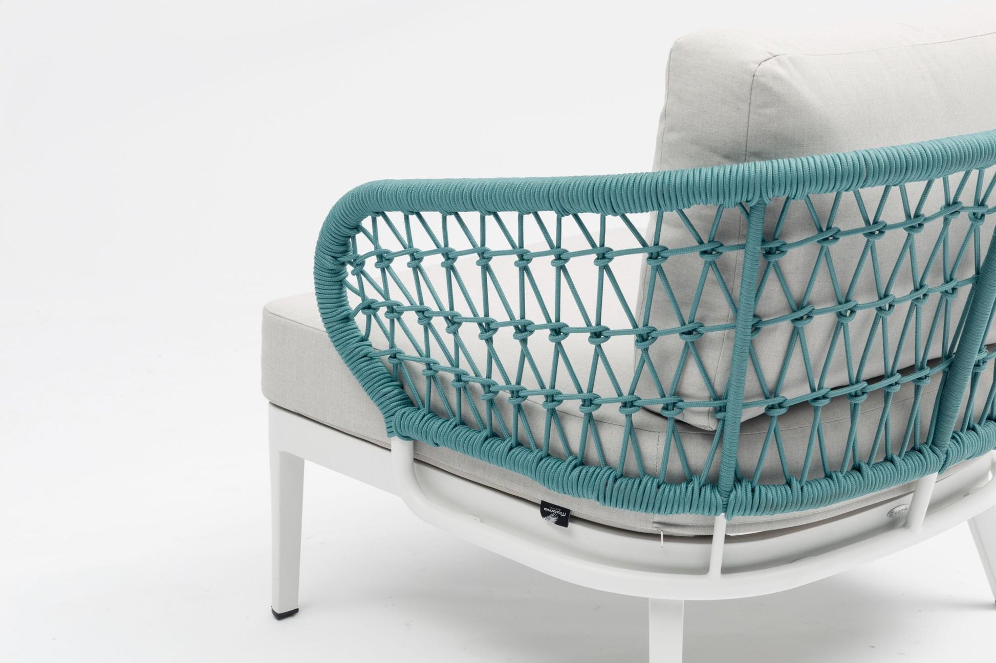 Sofá 3 plazas Isabela aluminio blanco textil beige y cuerda aqua