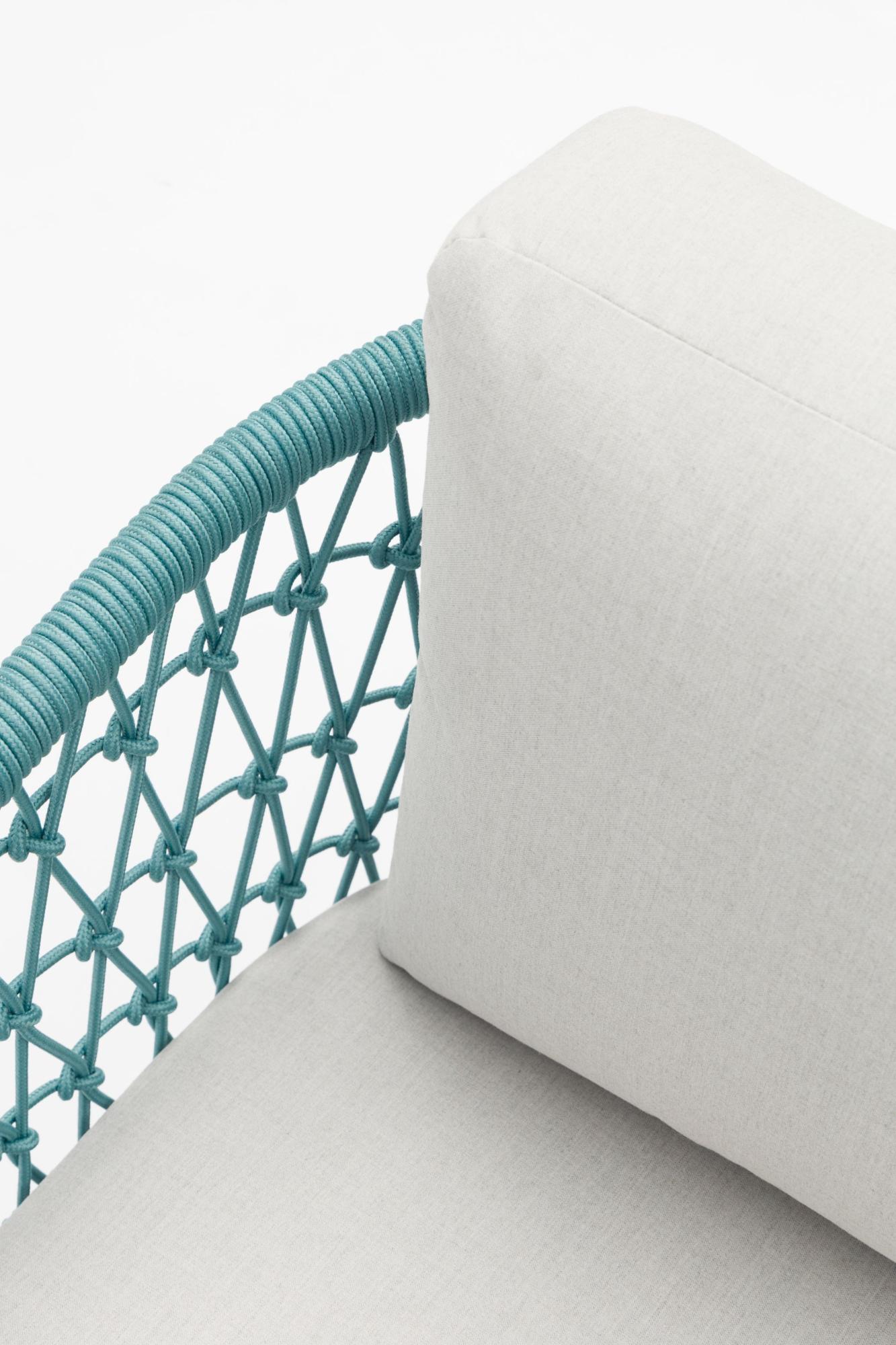 Sofá 1 plaza Isabela aluminio blanco textil beige y cuerda aqua