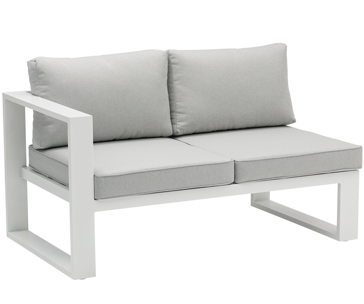 Módulo 2 plazas Rinconera Josh brazo izquierdo aluminio blanco y cojinería gris claro.