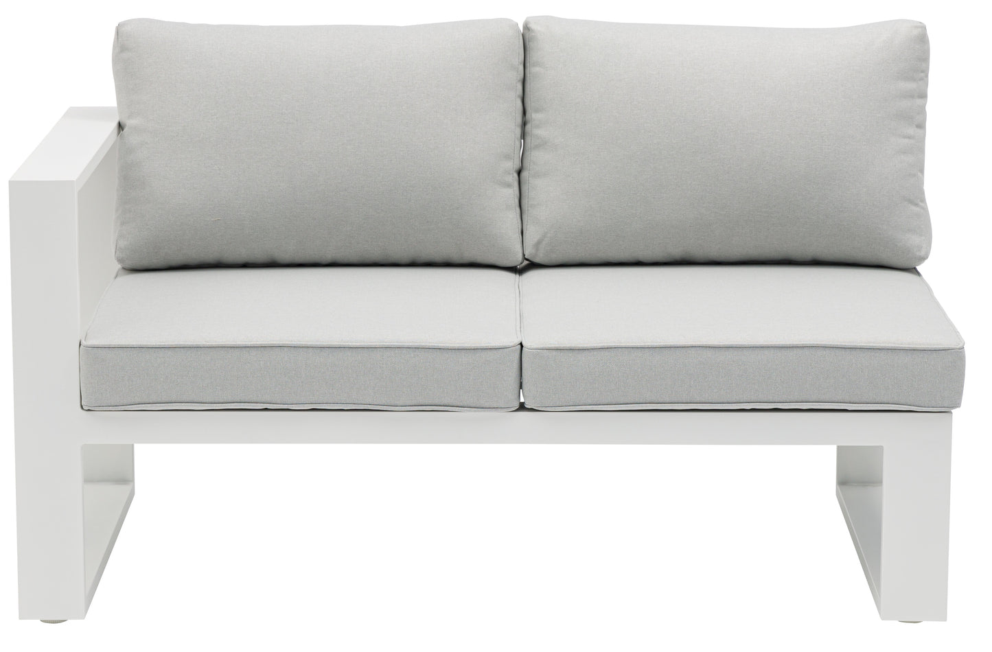 Módulo 2 plazas Rinconera Josh brazo izquierdo aluminio blanco y cojinería gris claro.