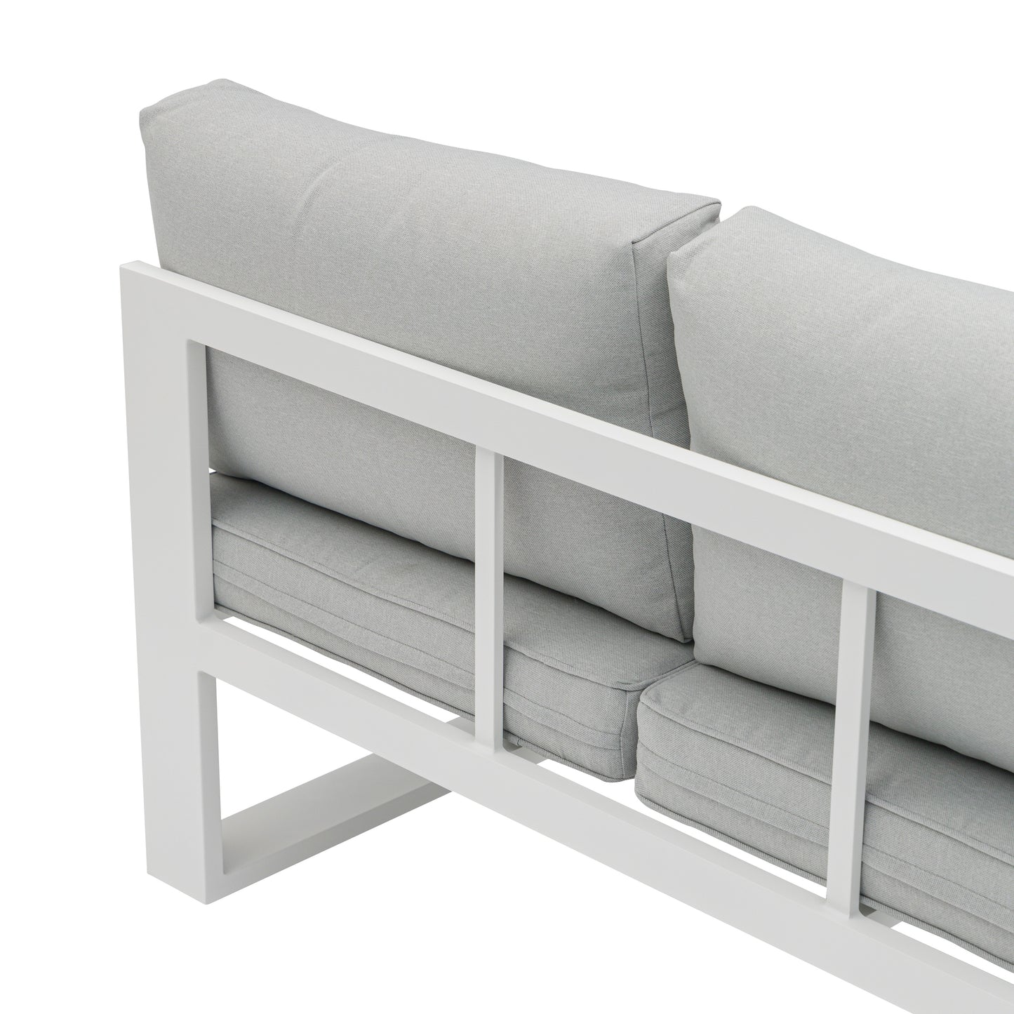 Módulo 2 plazas Rinconera Josh brazo izquierdo aluminio blanco y cojinería gris claro.