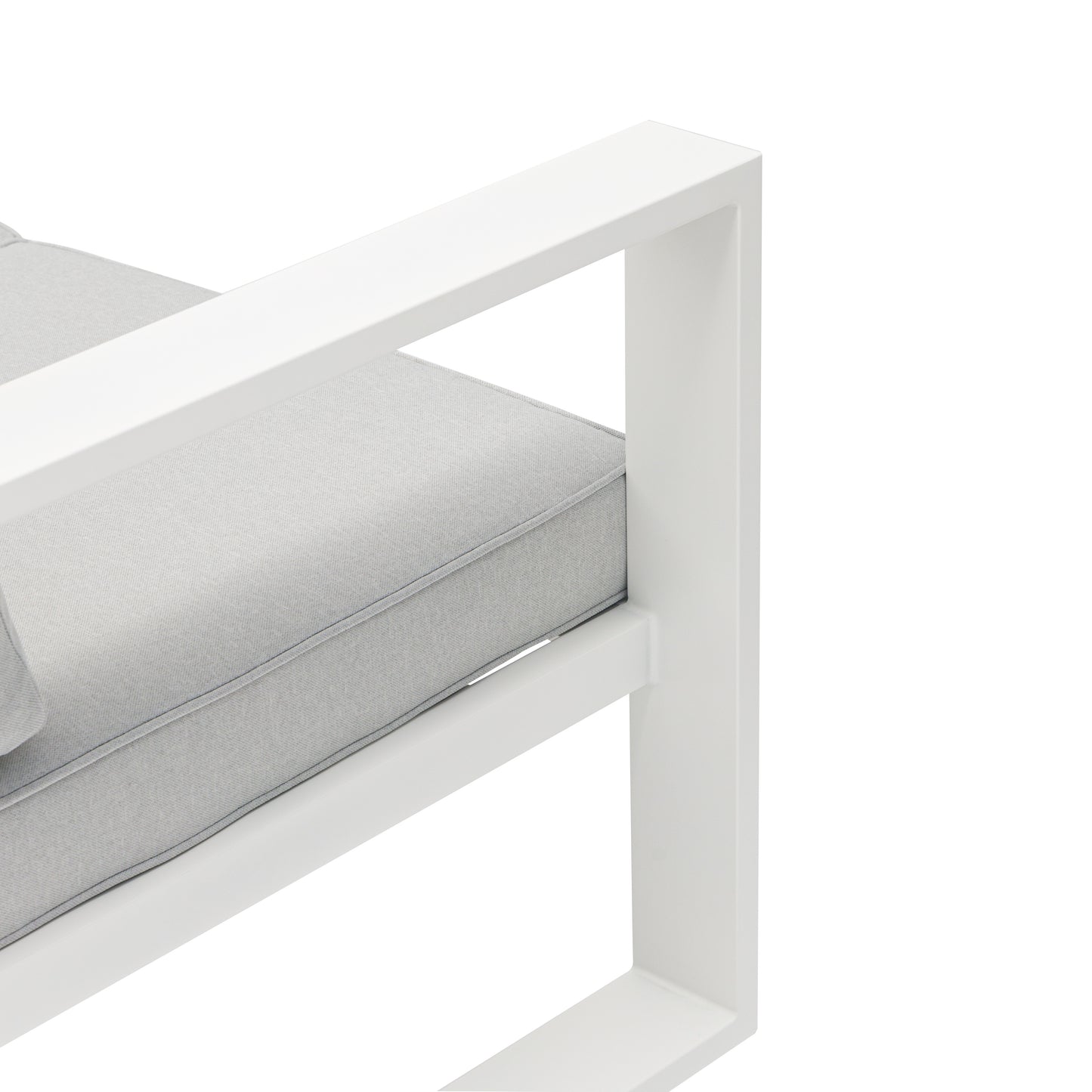 Módulo 2 plazas Rinconera Josh brazo izquierdo aluminio blanco y cojinería gris claro.