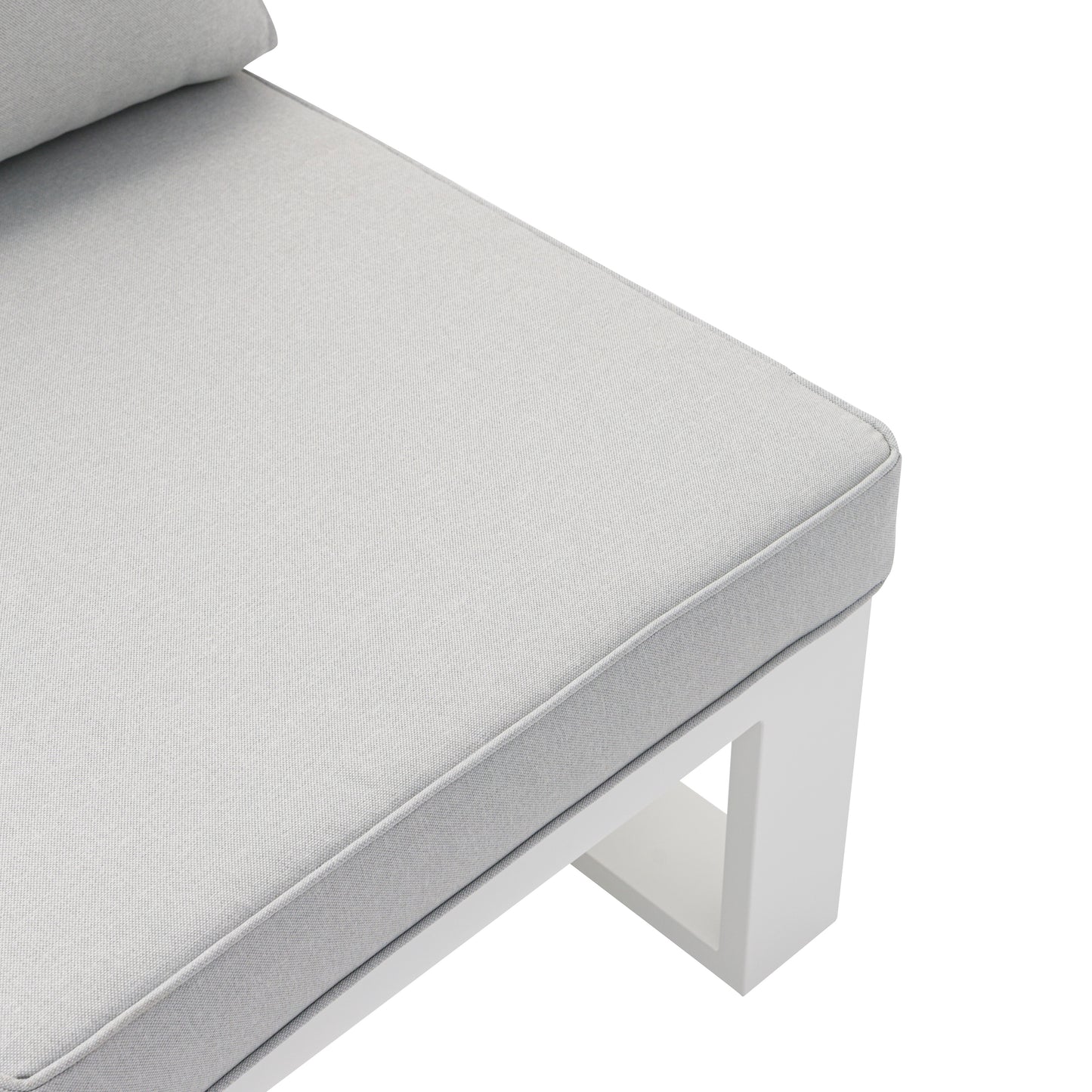 Módulo 2 plazas Rinconera Josh brazo izquierdo aluminio blanco y cojinería gris claro.