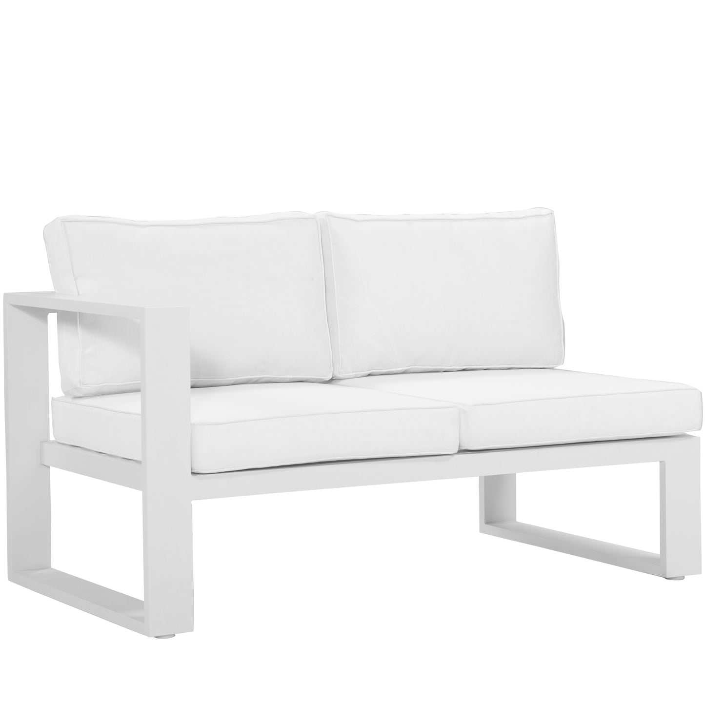 Módulo 2 plazas Rinconera Josh brazo izquierdo aluminio y cojinería blanca.