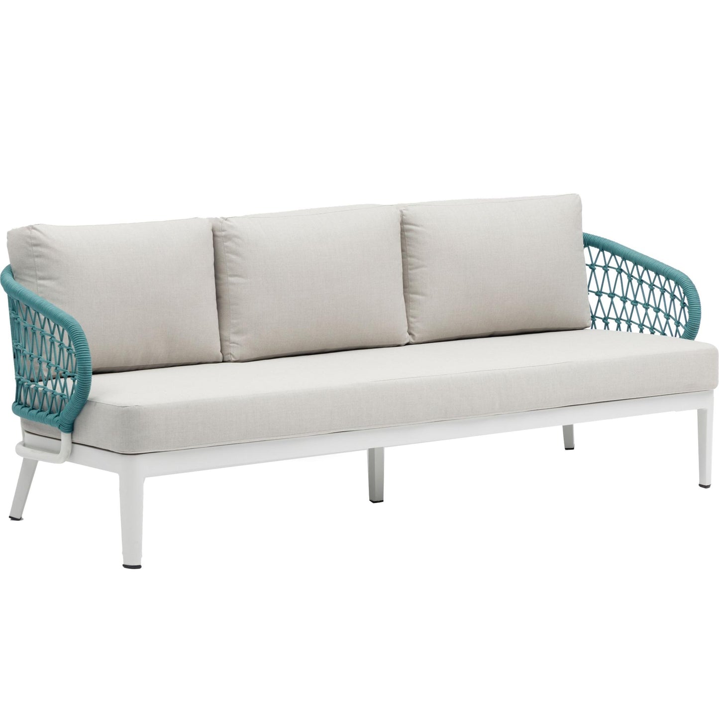 Sofá 3 plazas Isabela aluminio blanco textil beige y cuerda aqua