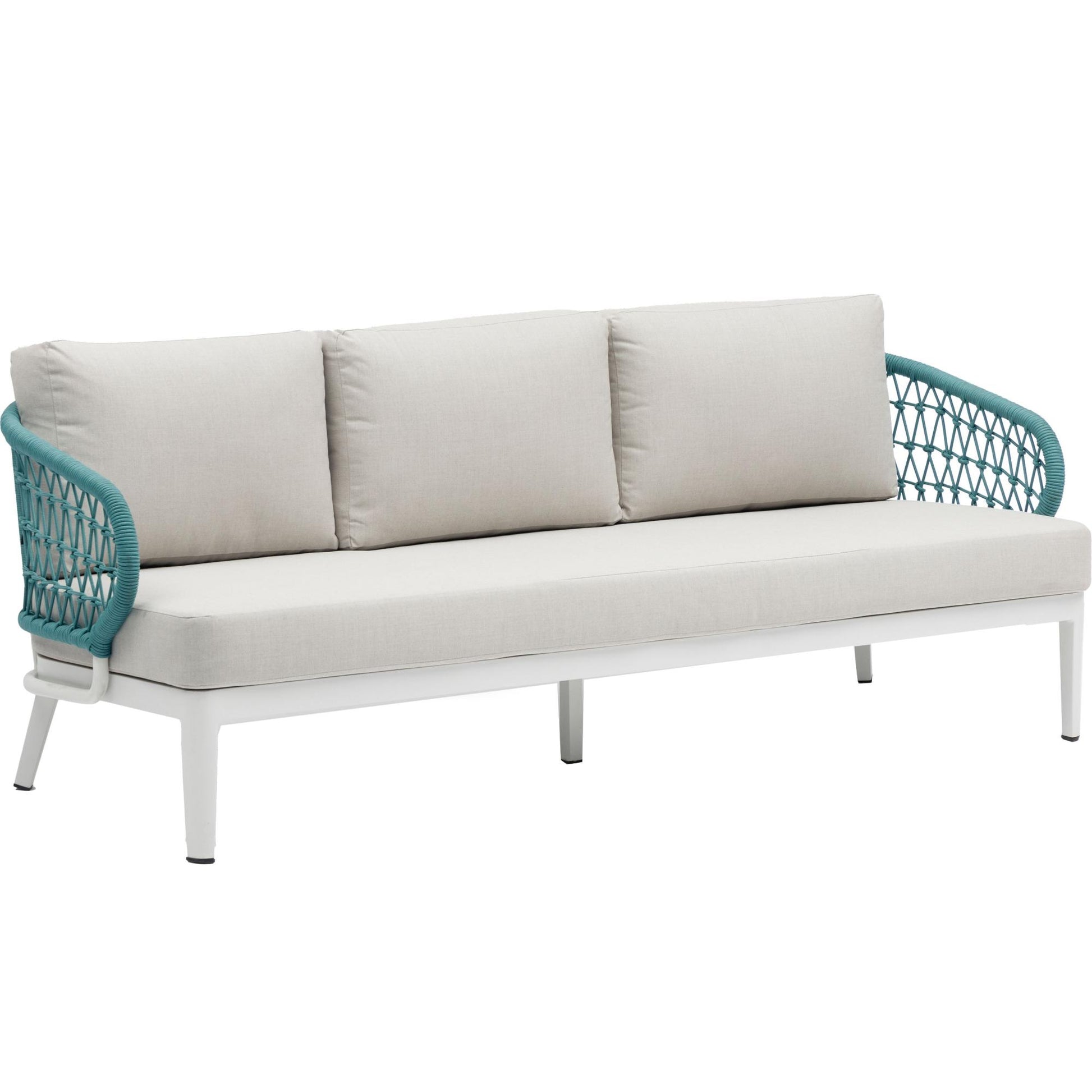 Sofá 3 plazas Isabela aluminio blanco textil beige y cuerda aqua