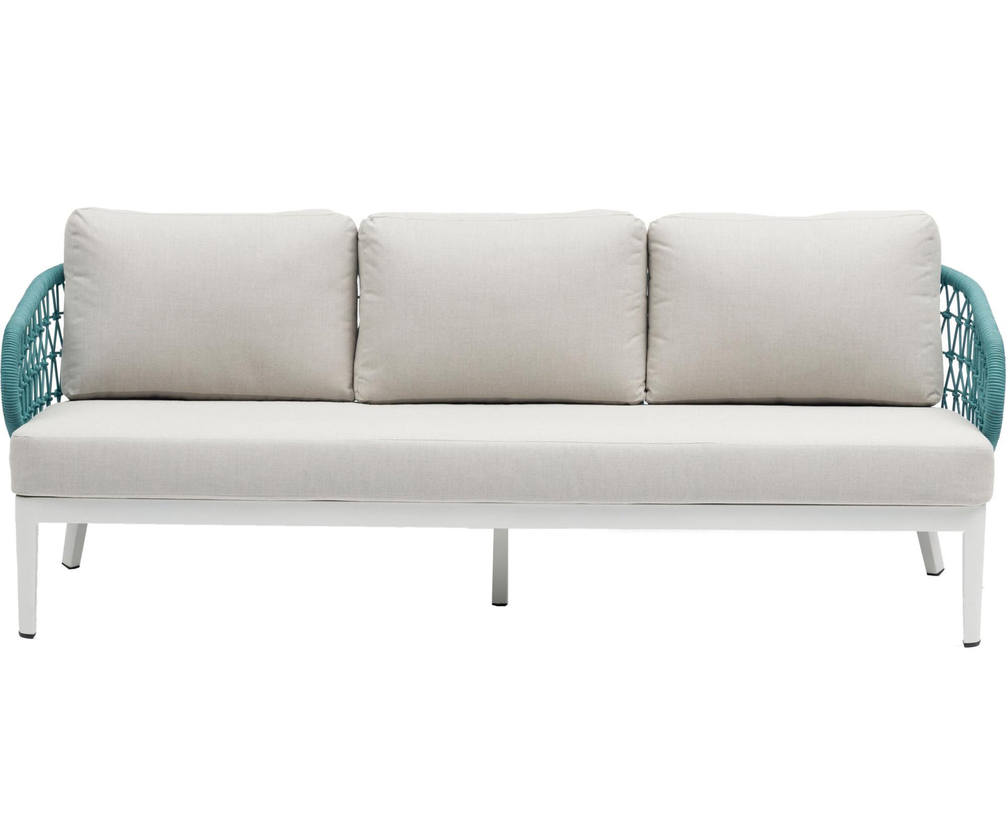 Sofá 3 plazas Isabela aluminio blanco textil beige y cuerda aqua