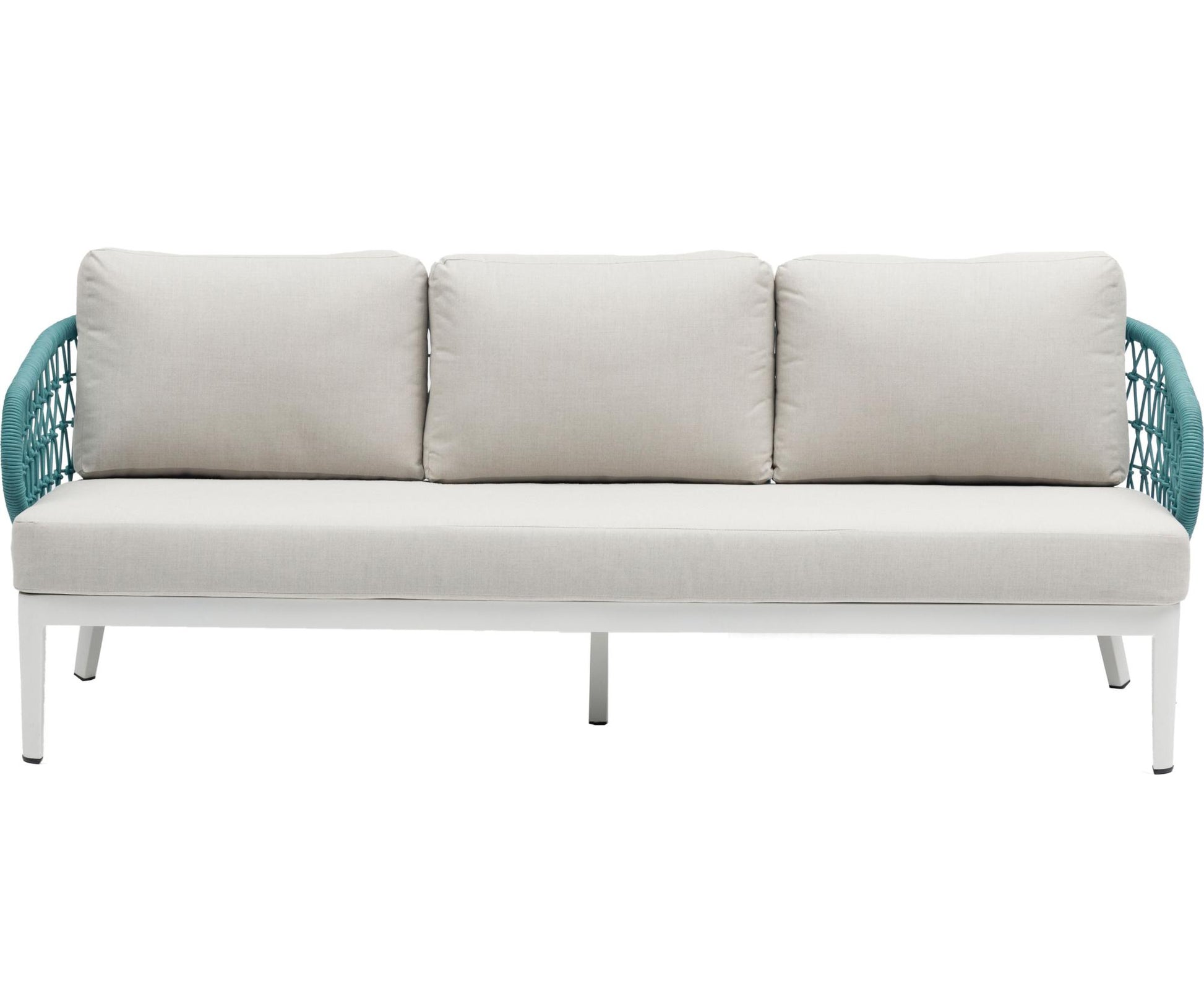 Sofá 3 plazas Isabela aluminio blanco textil beige y cuerda aqua