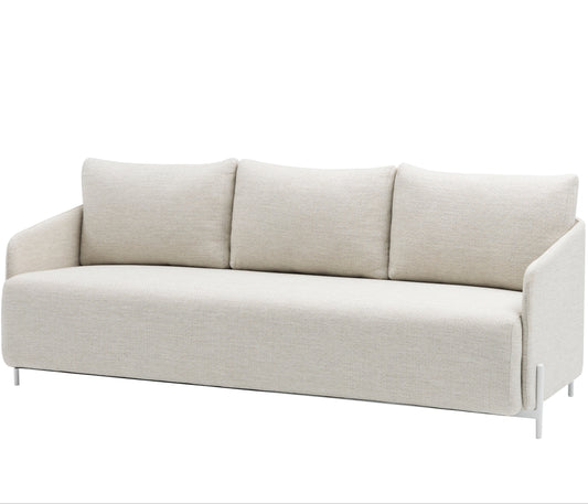 Sofá 3 plazas Corfu aluminio blanco y textil beige.