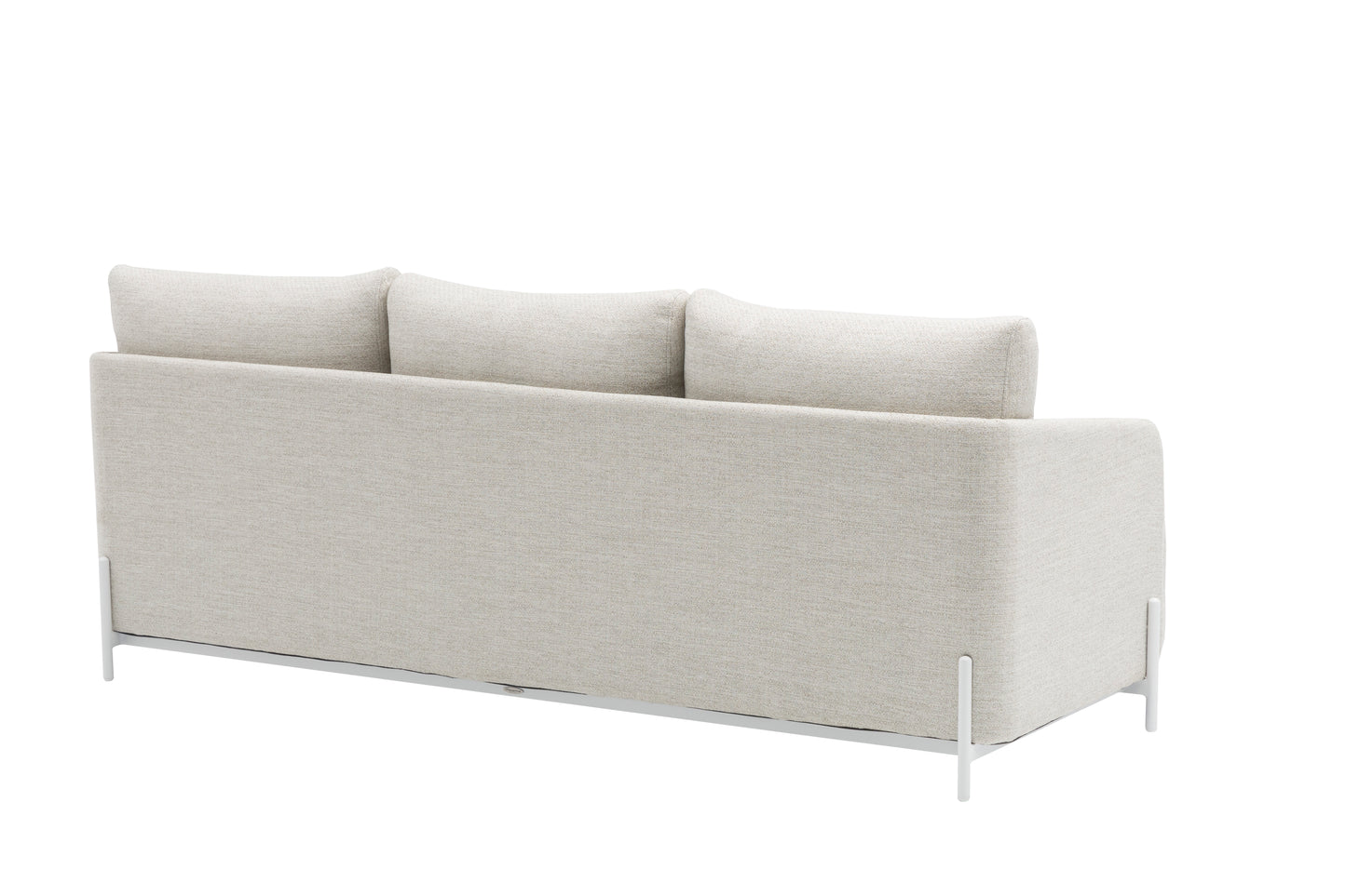 Sofá 3 plazas Corfu aluminio blanco y textil beige.