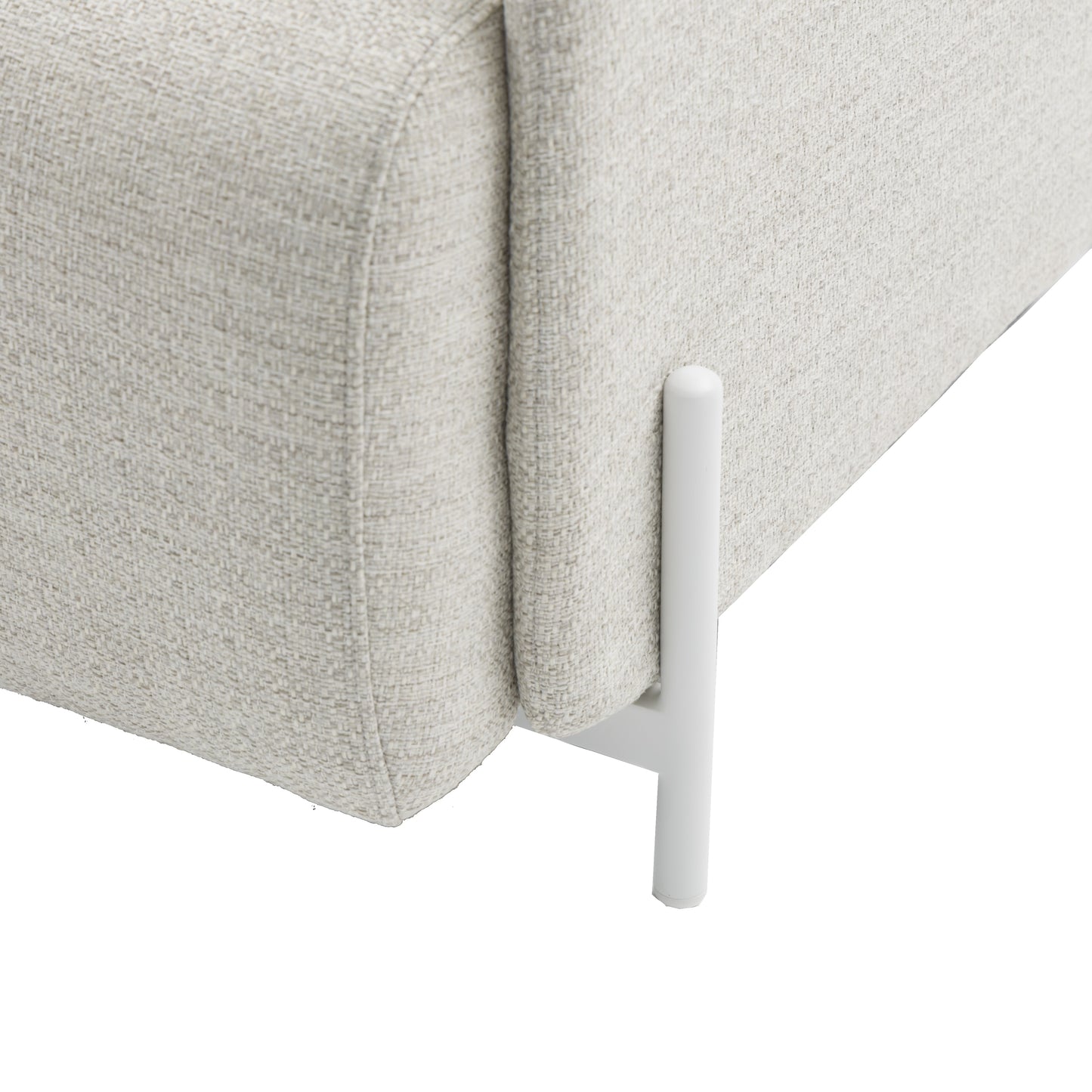 Sofá 1 plaza Corfu aluminio blanco y textil beige.