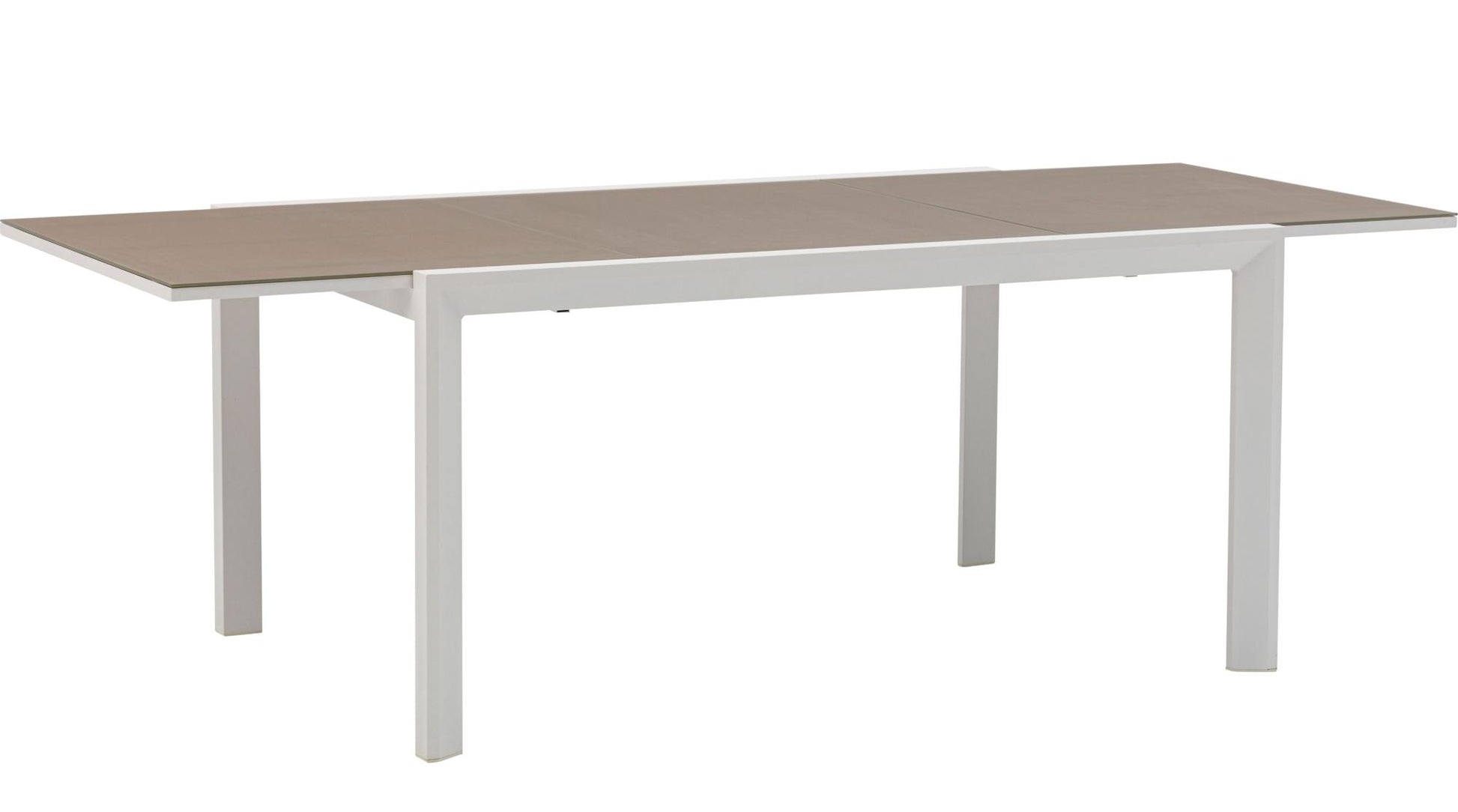Mesa extensible ORICK 100*150/225 cm aluminio blanco y cristal taupe