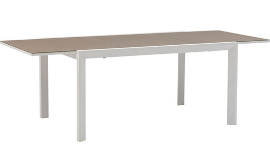 Mesa extensible ORICK 100*150/225 cm aluminio blanco y cristal taupe