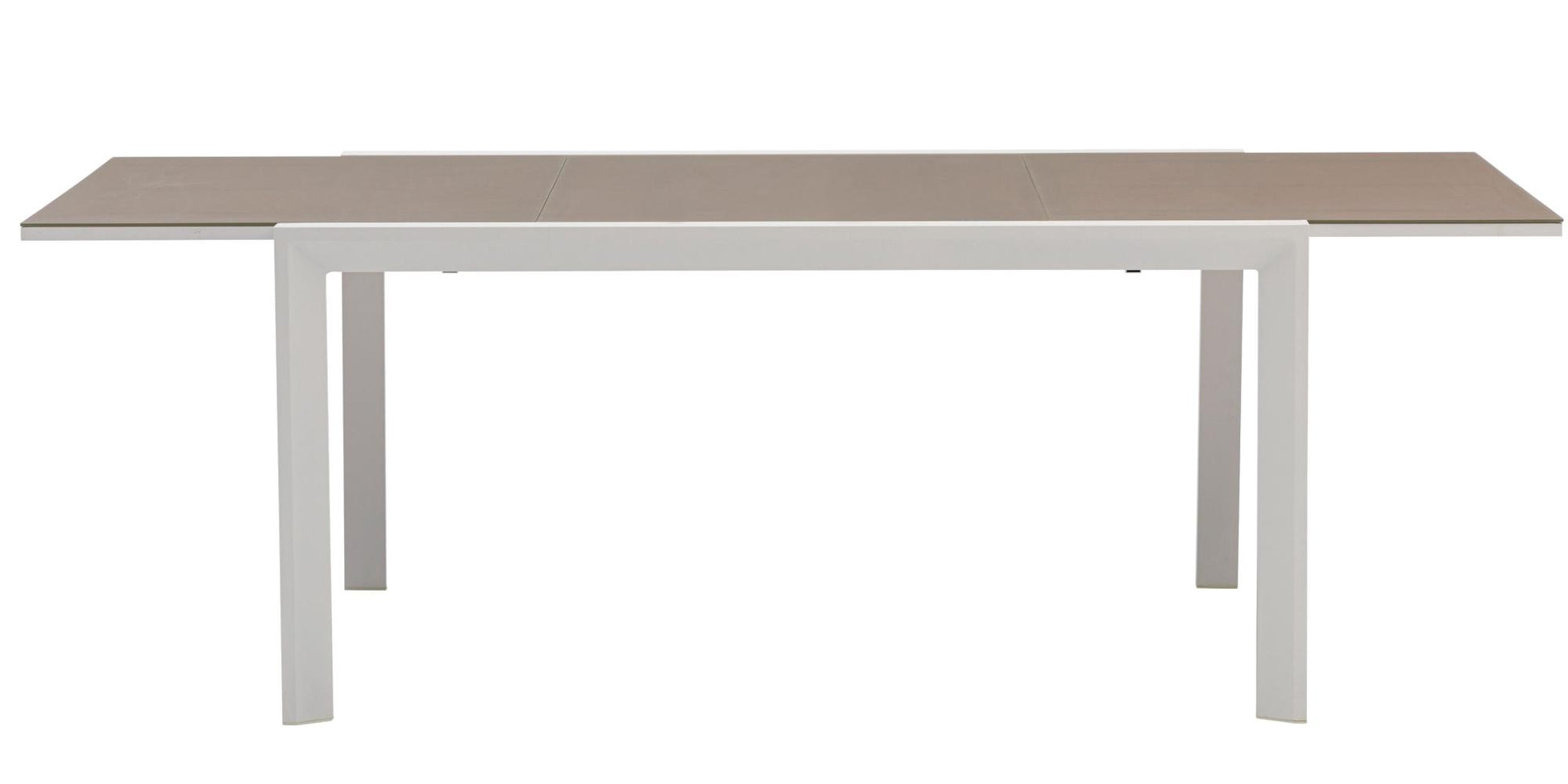 Mesa extensible ORICK 100*150/225 cm aluminio blanco y cristal taupe