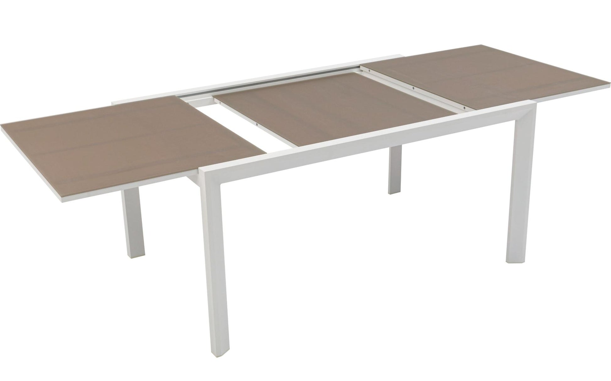 Mesa extensible ORICK 100*150/225 cm aluminio blanco y cristal taupe
