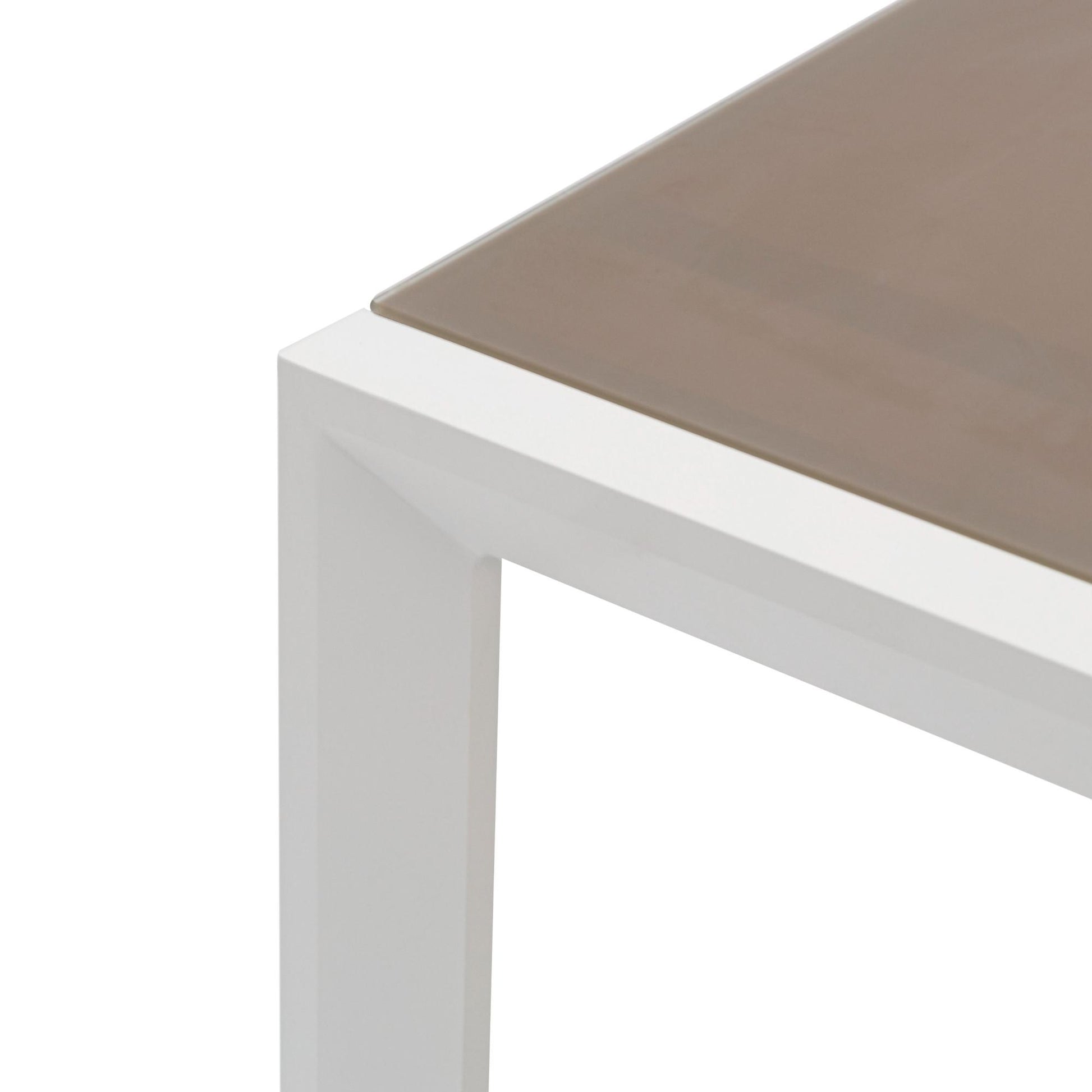 Mesa extensible ORICK 100*150/225 cm aluminio blanco y cristal taupe