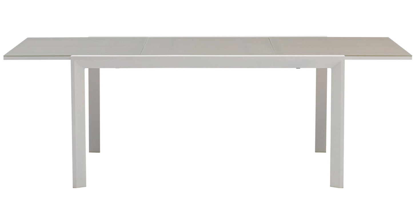 Mesa extensible ORICK 100*150/225 cm aluminio blanco y cristal gris claro
