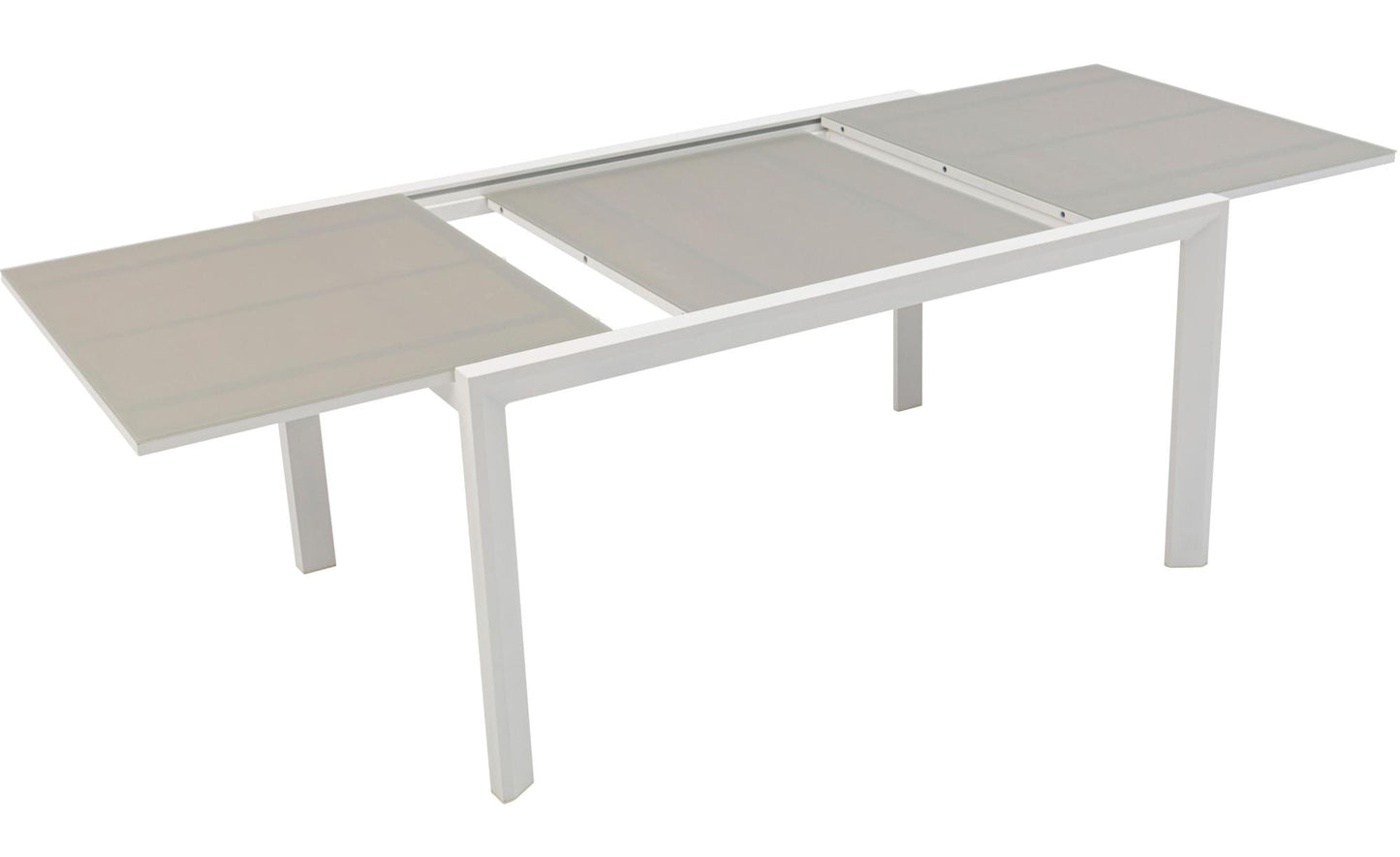 Mesa extensible ORICK 100*150/225 cm aluminio blanco y cristal gris claro