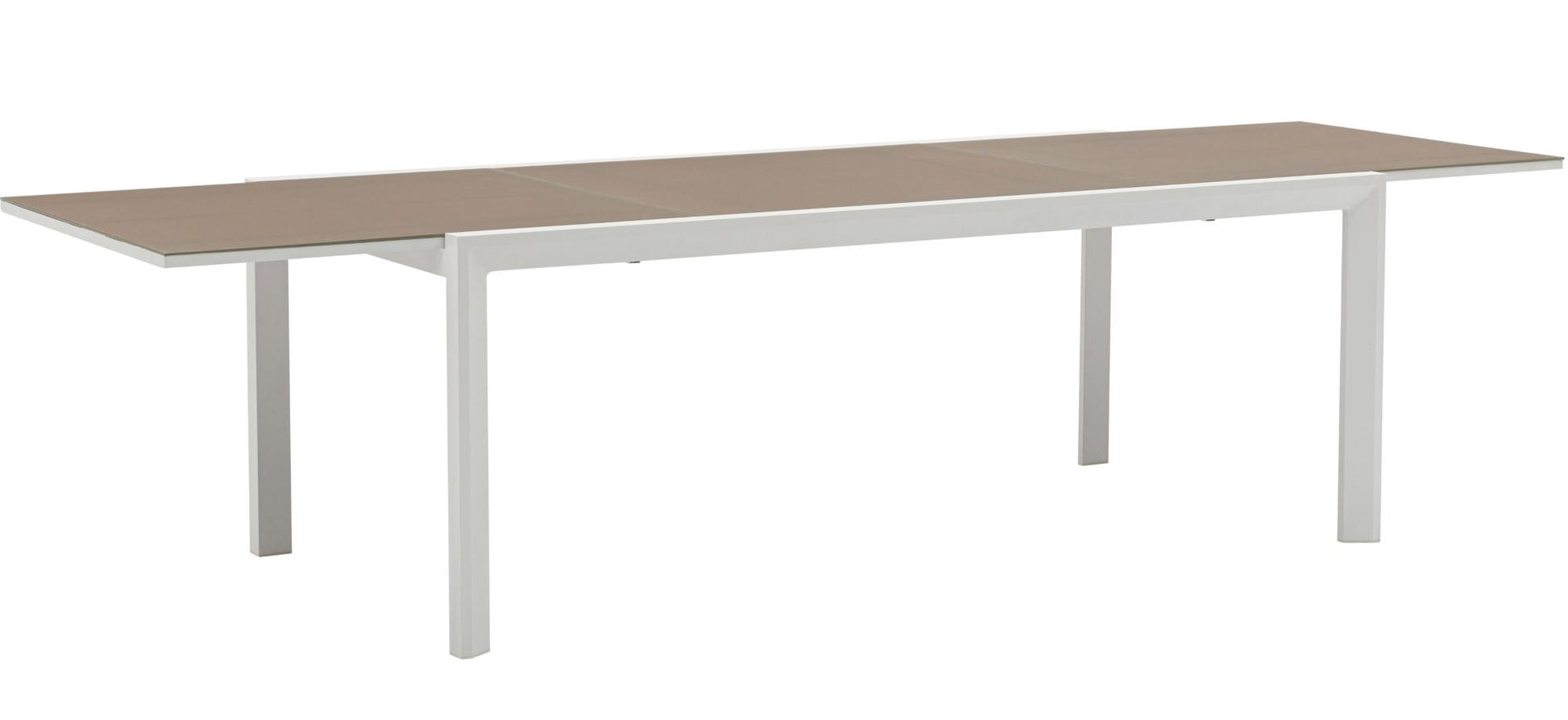 Mesa extensible ORICK 100*200/300 cm aluminio blanco y cristal taupe