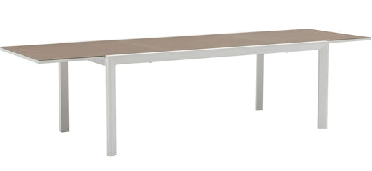 Mesa extensible ORICK 100*200/300 cm aluminio blanco y cristal taupe