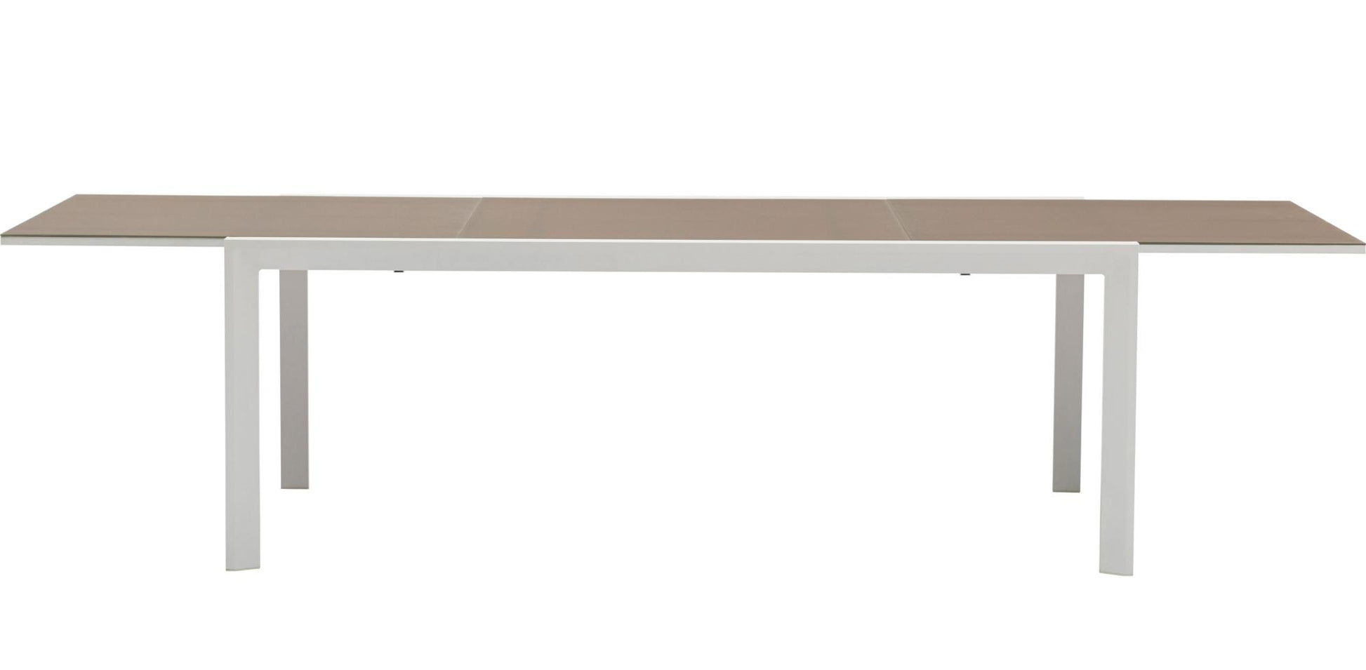 Mesa extensible ORICK 100*200/300 cm aluminio blanco y cristal taupe