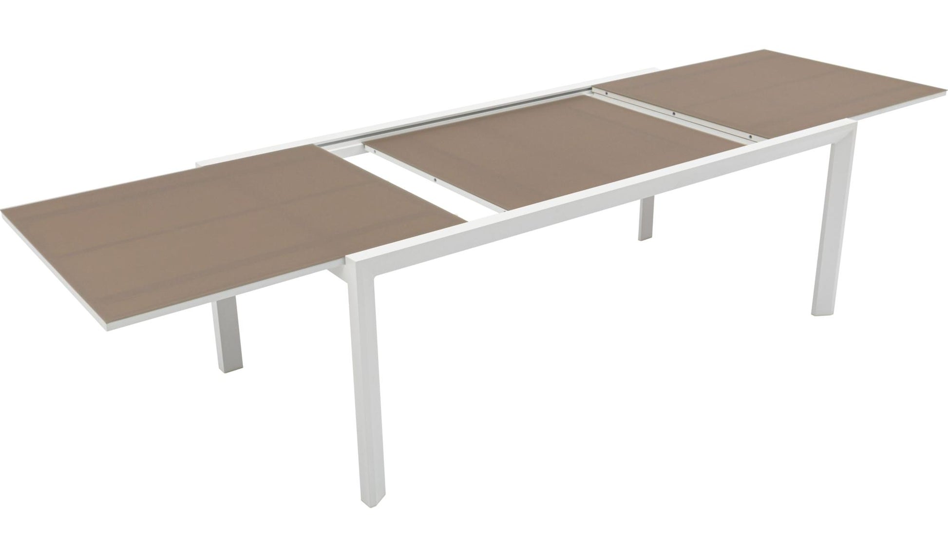 Mesa extensible ORICK 100*200/300 cm aluminio blanco y cristal taupe