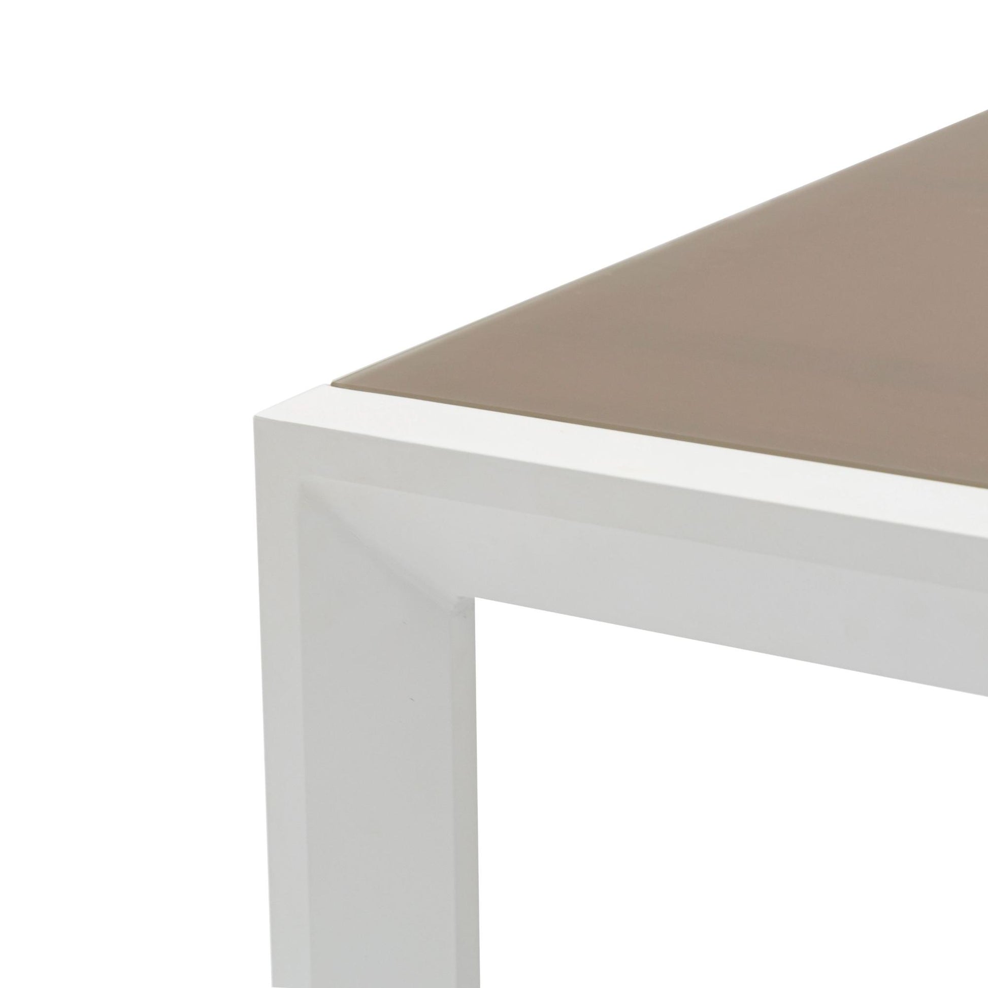 Mesa extensible ORICK 100*200/300 cm aluminio blanco y cristal taupe