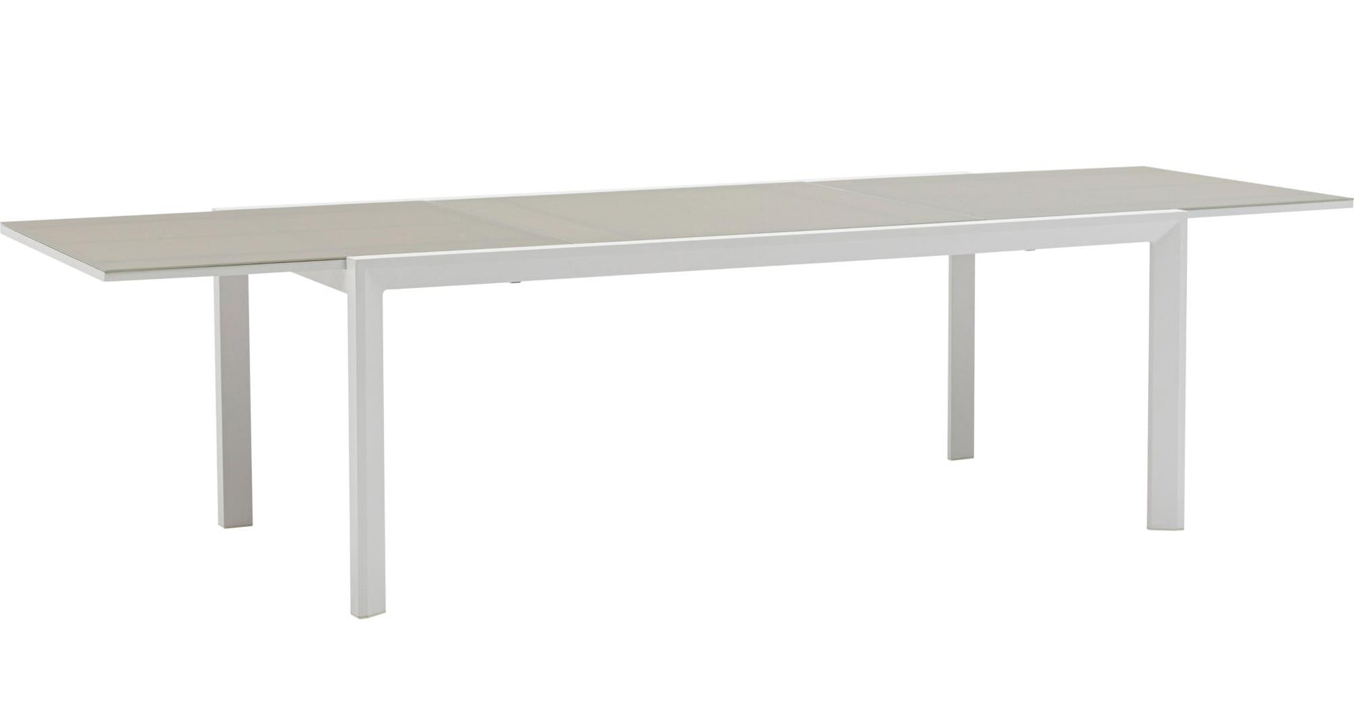 Mesa extensible ORICK 100*200/300 cm aluminio blanco y cristal gris claro