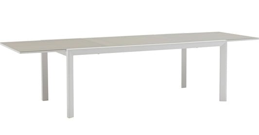 Mesa extensible ORICK 100*200/300 cm aluminio blanco y cristal gris claro