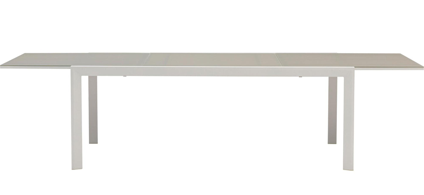 Mesa extensible ORICK 100*200/300 cm aluminio blanco y cristal gris claro