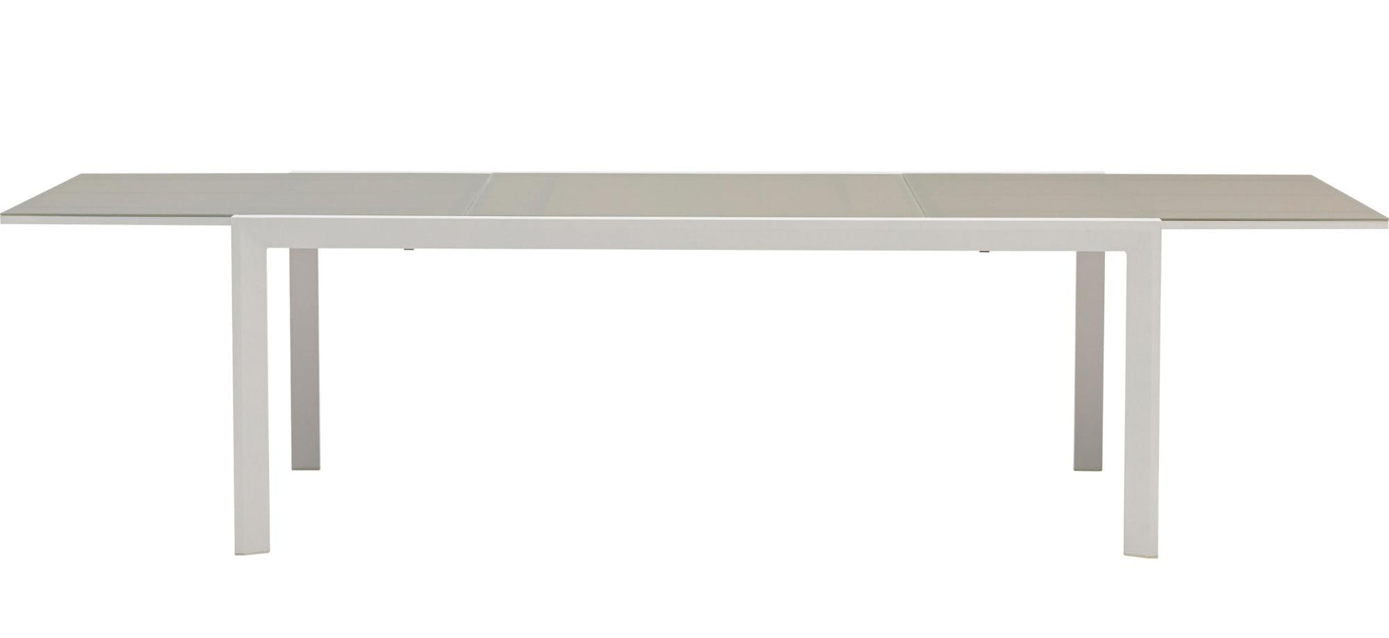 Mesa extensible ORICK 100*200/300 cm aluminio blanco y cristal gris claro