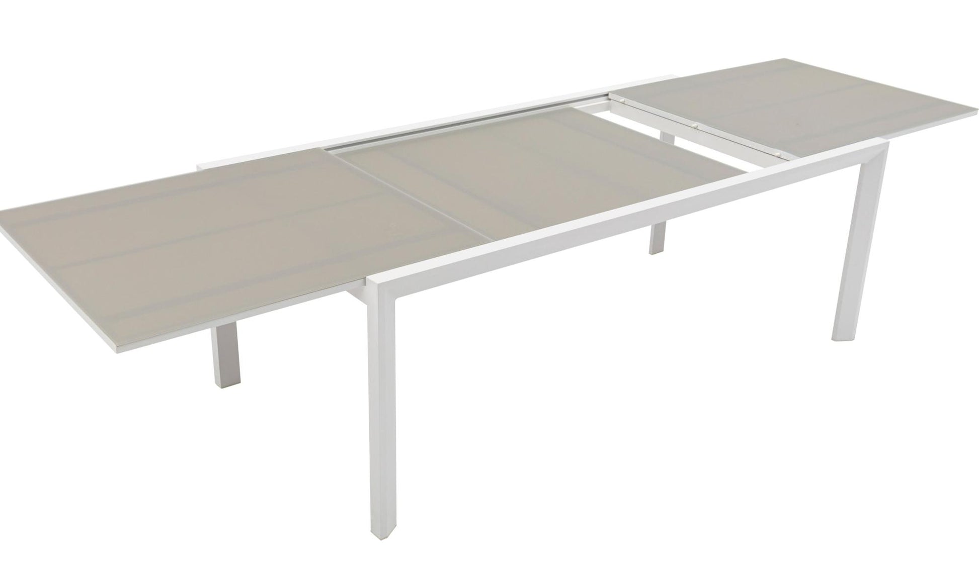 Mesa extensible ORICK 100*200/300 cm aluminio blanco y cristal gris claro
