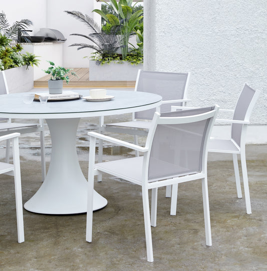 Mesa de comedor Jenner 110 cm aluminio blanco y top cristal cerámico gris claro