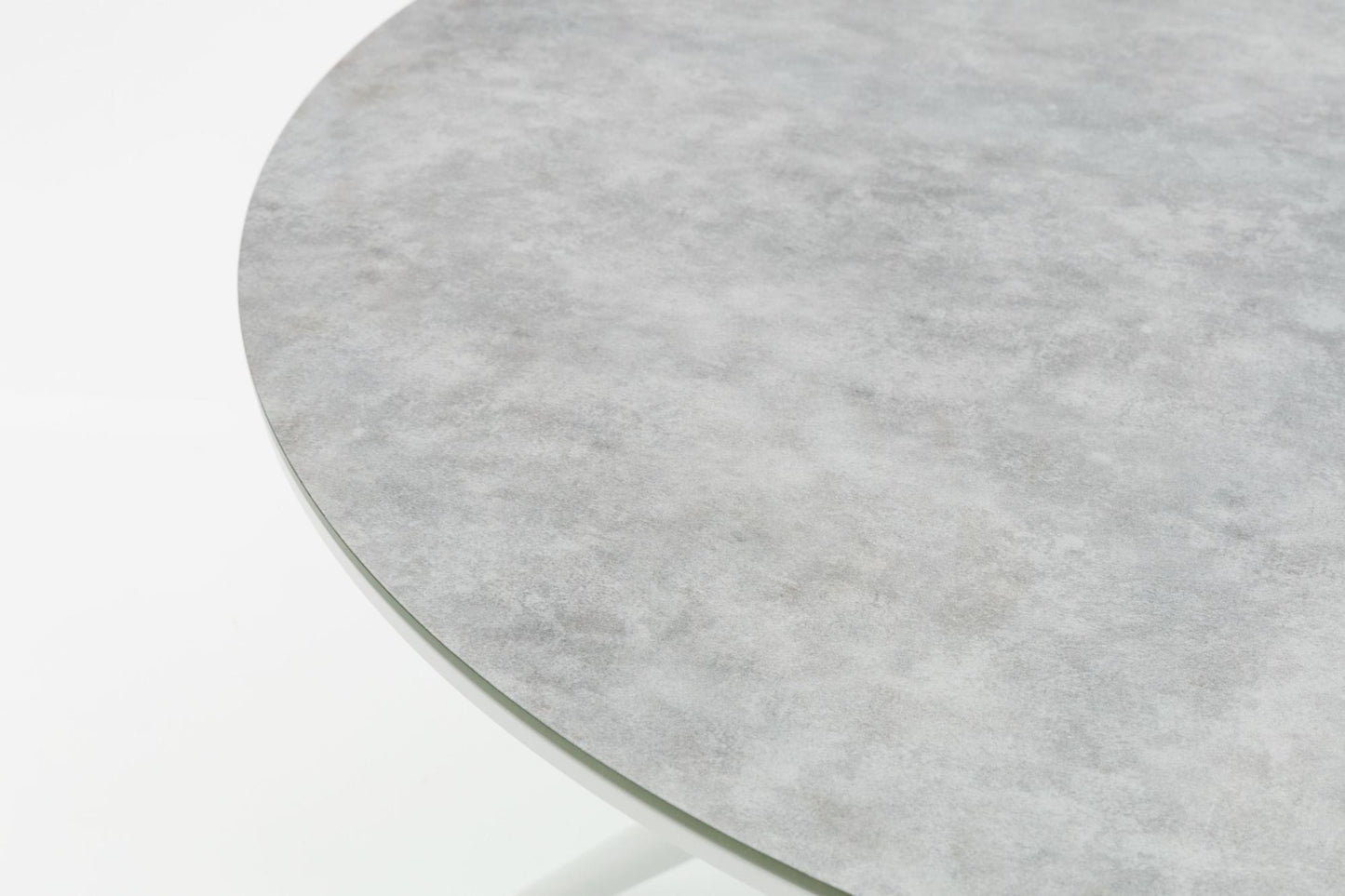 Mesa redonda Orick Ø 120 cm aluminio blanco cristal cerámico gris claro.