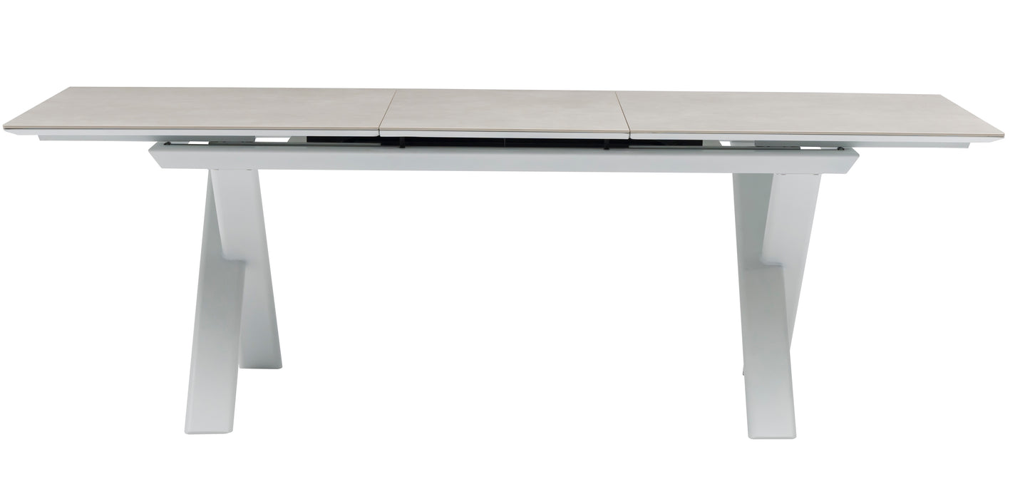Mesa extensible Carson 100x180/240 cm aluminio blanco top mesa porcelánico gris