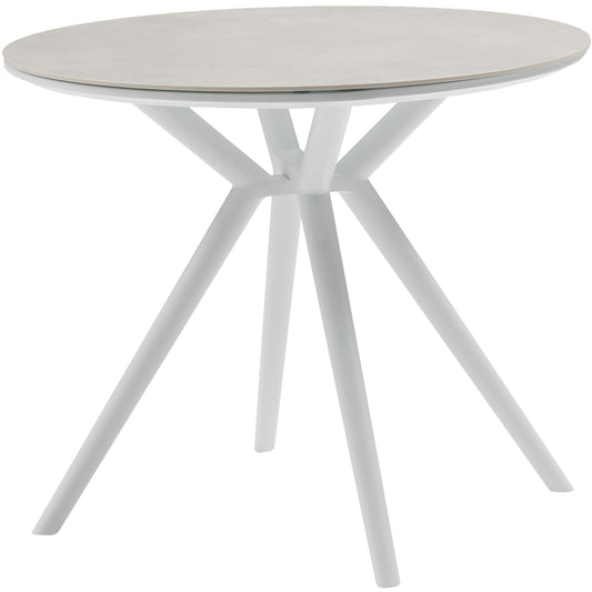 Mesa redonda Carson Ø 90cm aluminio blanco top mesa porcelánico gris.