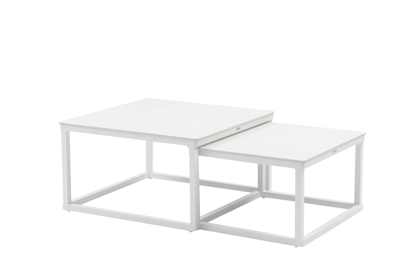 Set mesas auxiliares Silai aluminio blanco top porcelánico beige.