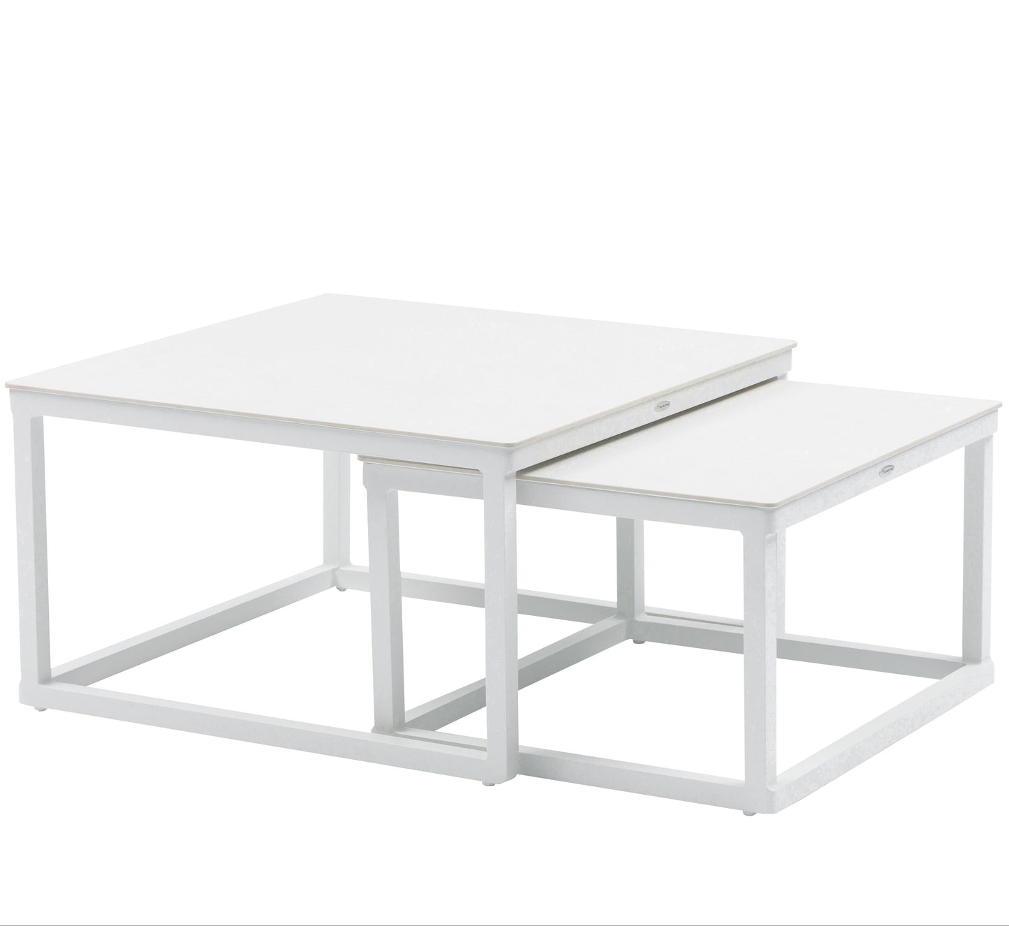 Set mesas auxiliares Silai aluminio blanco top porcelánico beige.