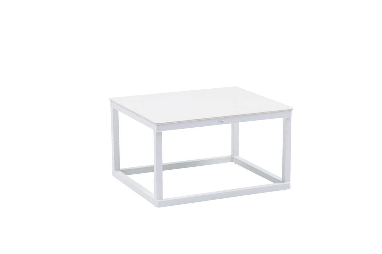 Set mesas auxiliares Silai aluminio blanco top porcelánico beige.