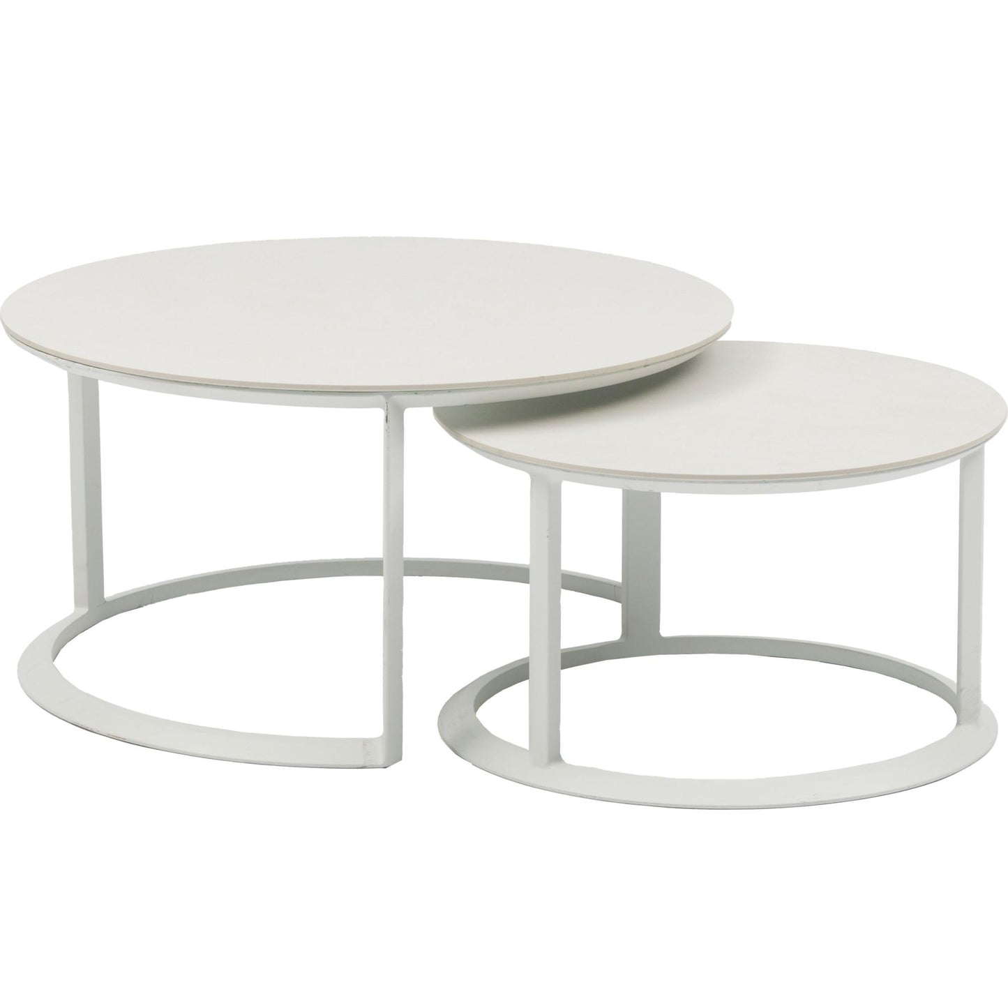 Set mesas redondas auxiliares Isabela aluminio blanco con encimera cerámica beige.