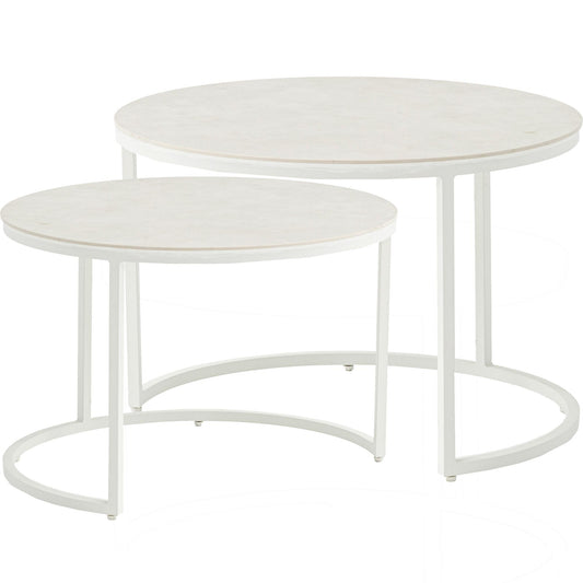 Set mesas auxiliares Albury aluminio blanco y top cristal cerámico greige
