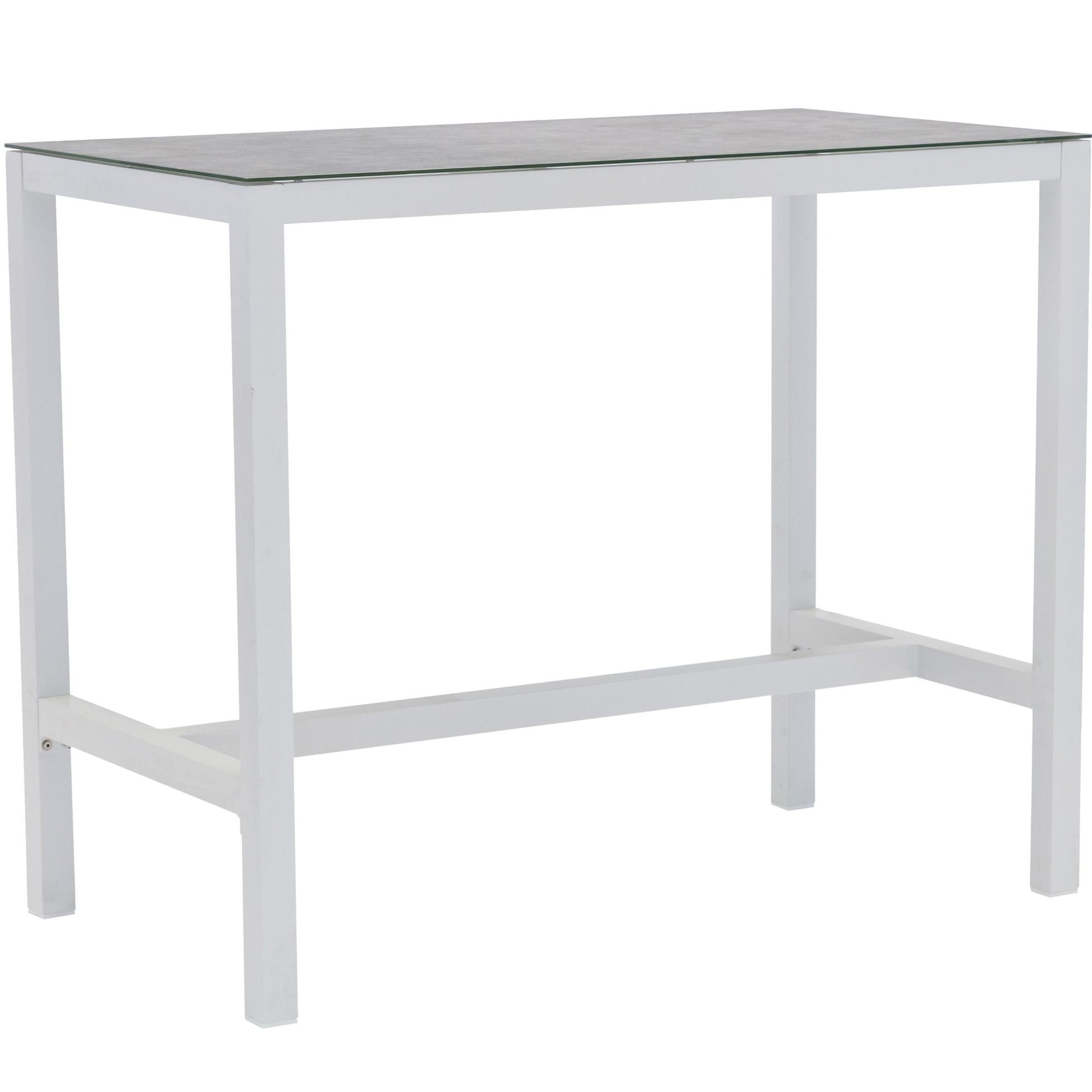 Mesa alta bar Meridian 130x70 cm aluminio  blanco cristal cerámico gris claro.