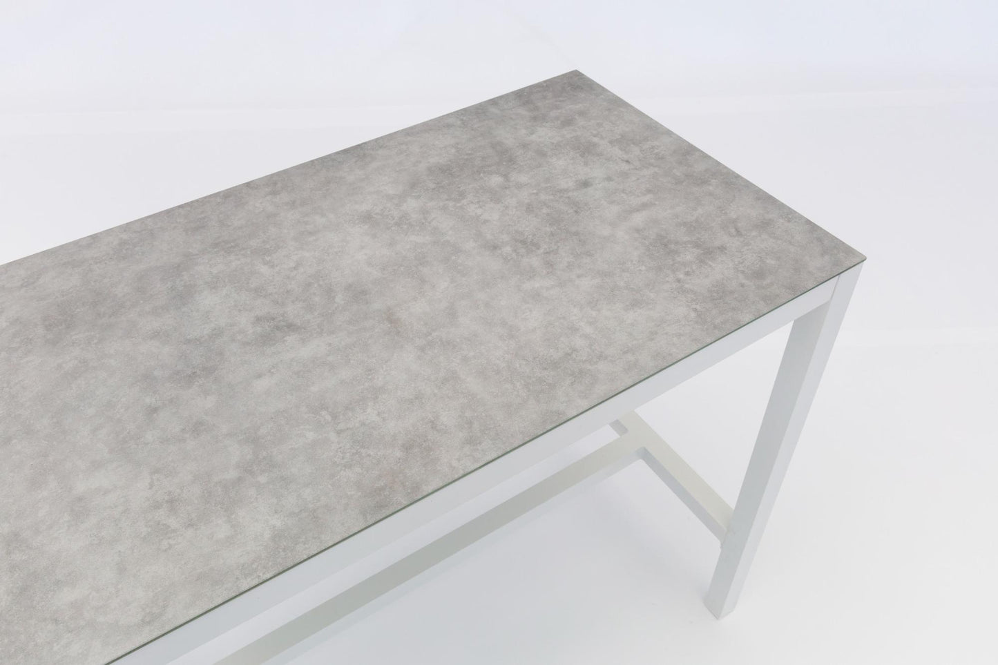Mesa alta bar Meridian 130x70 cm aluminio  blanco cristal cerámico gris claro.