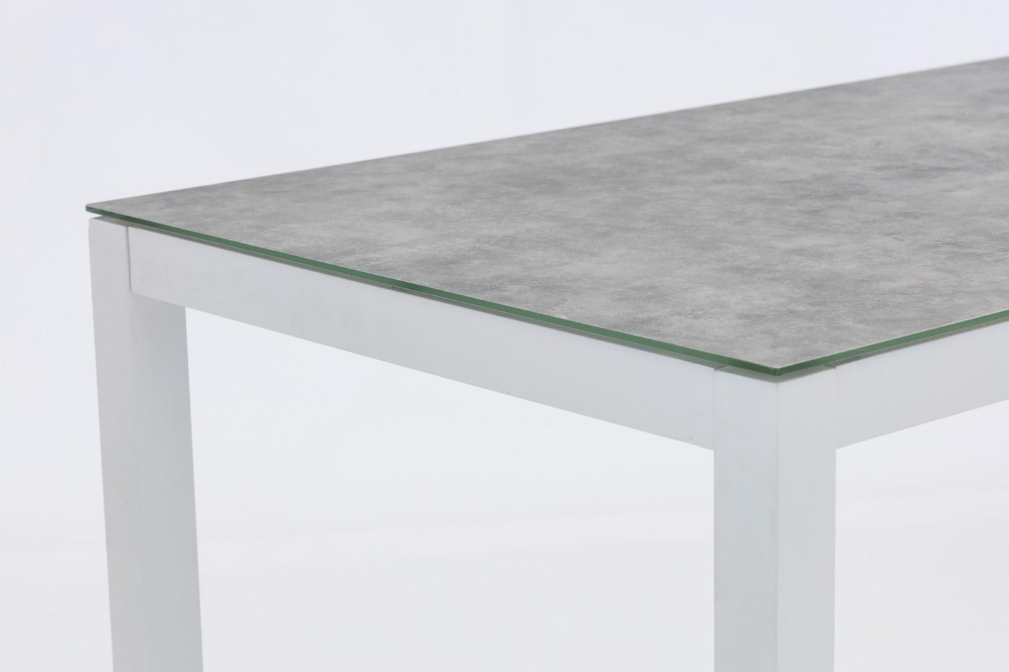 Mesa alta bar Meridian 130x70 cm aluminio  blanco cristal cerámico gris claro.