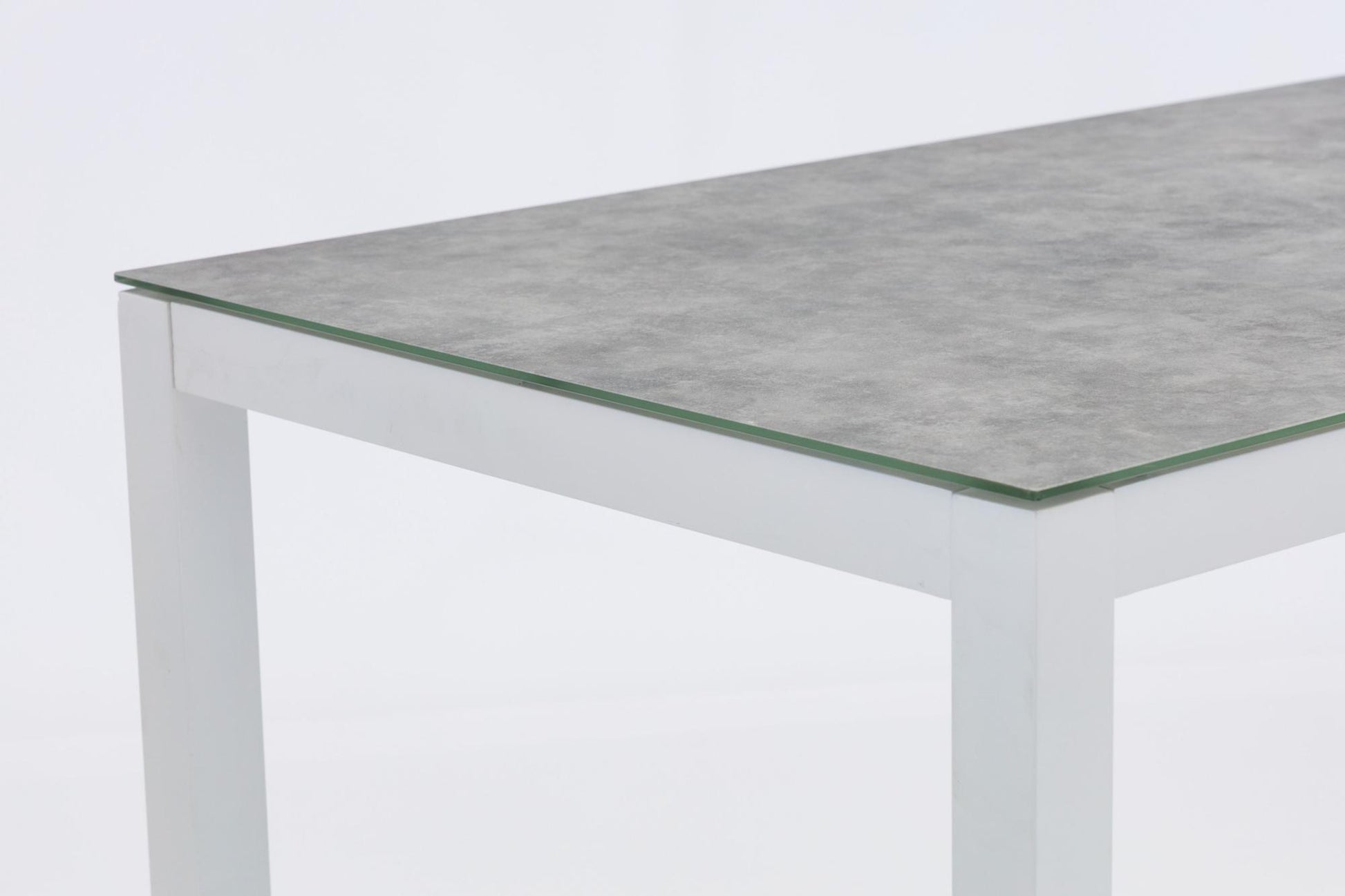 Mesa alta bar Meridian 130x70 cm aluminio  blanco cristal cerámico gris claro.