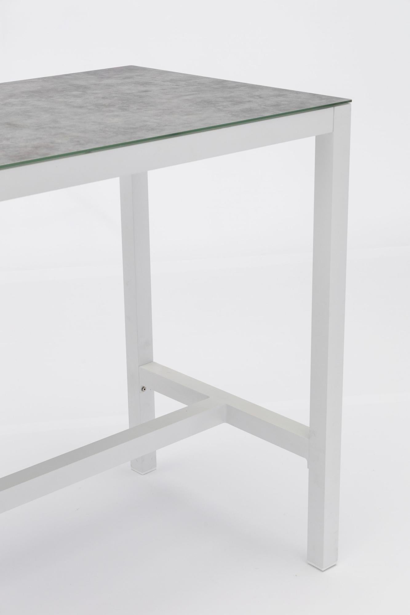 Mesa alta bar Meridian 130x70 cm aluminio  blanco cristal cerámico gris claro.